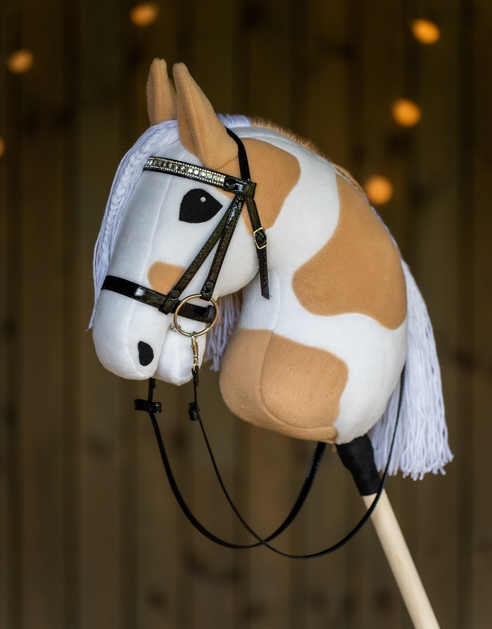 Paint Hobby Horse A3 – Handmade Stick Horse with Bridle or Halter, Rhinestone Tack, Two-Color Mane