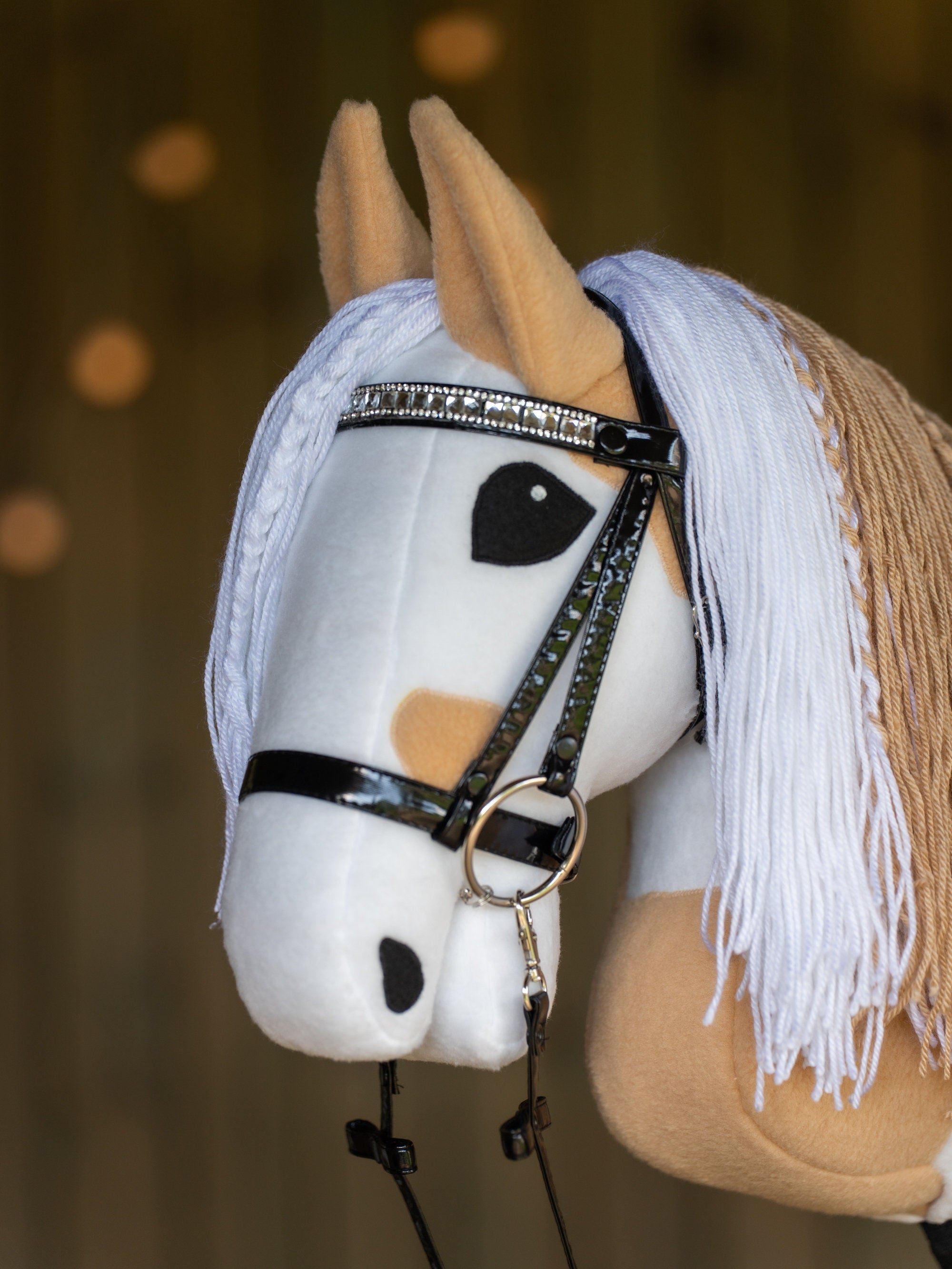 Paint Hobby Horse A3 – Handmade Stick Horse with Bridle or Halter, Rhinestone Tack, Two-Color Mane