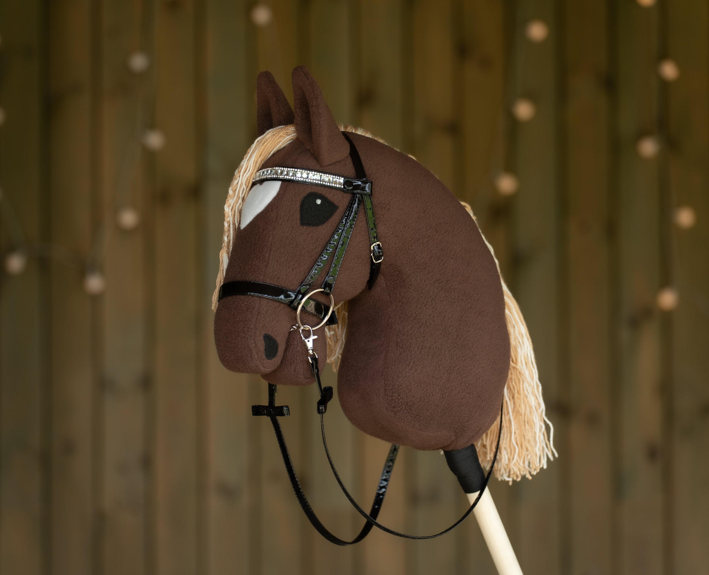 Brown Hobby Horse A3 – Handmade Stick Horse with Rhinestone Bridle or Halter, Two-Color Mane