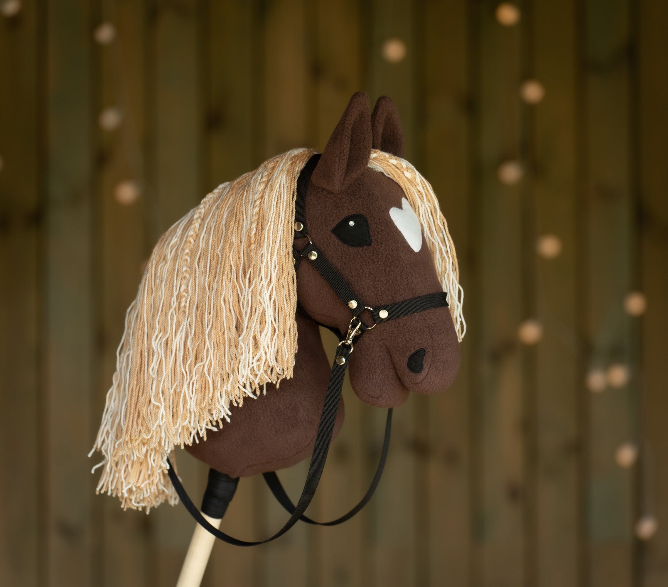 Brown Hobby Horse A3 – Handmade Stick Horse with Rhinestone Bridle or Halter, Two-Color Mane