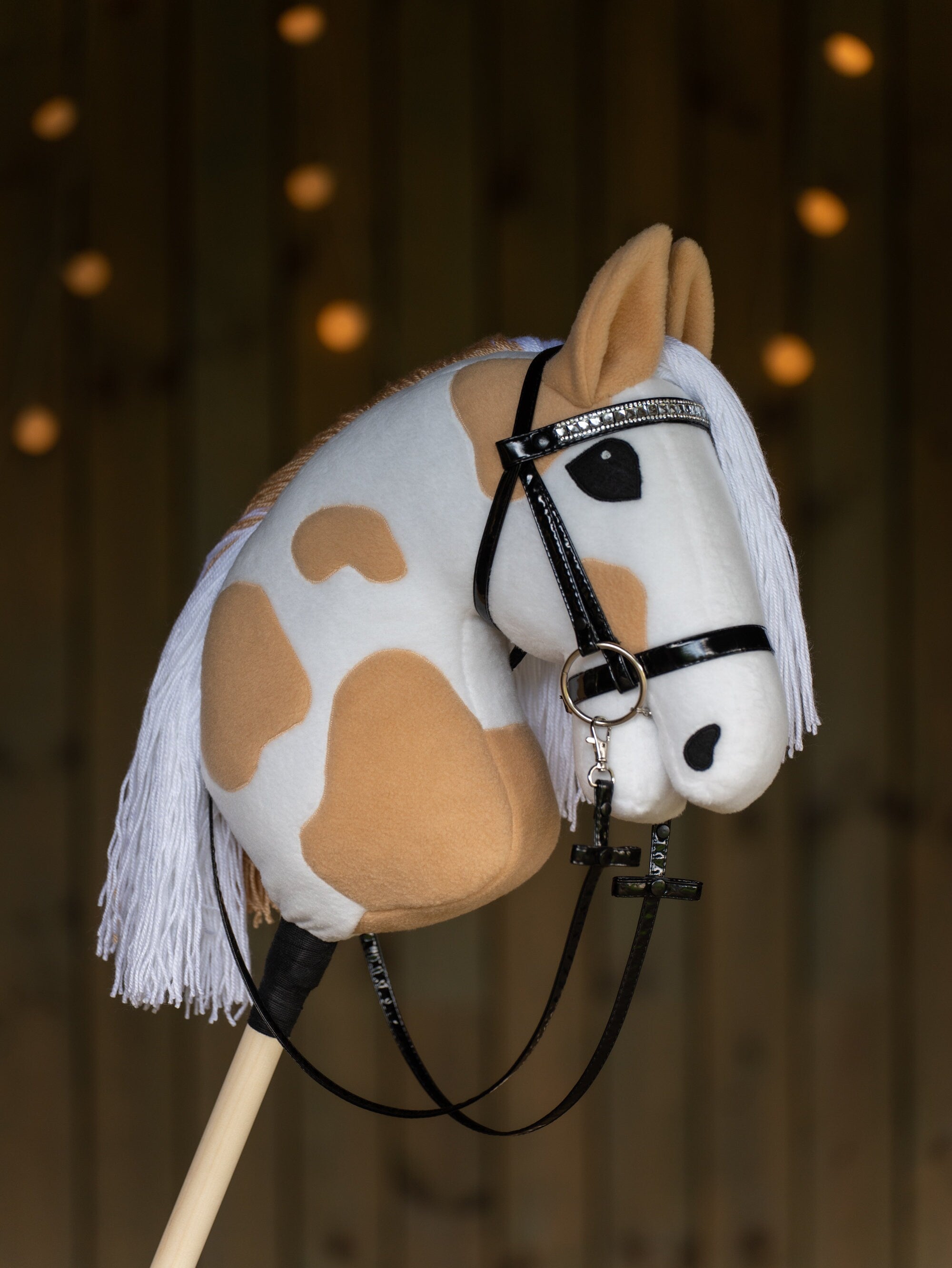 Paint Hobby Horse A3 – Handmade Stick Horse with Bridle or Halter, Rhinestone Tack, Two-Color Mane
