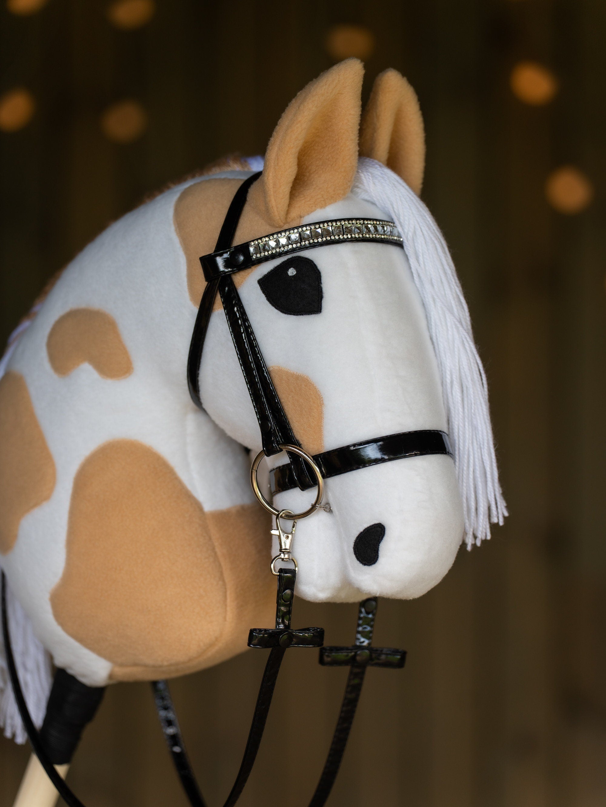 Paint Hobby Horse A3 – Handmade Stick Horse with Bridle or Halter, Rhinestone Tack, Two-Color Mane