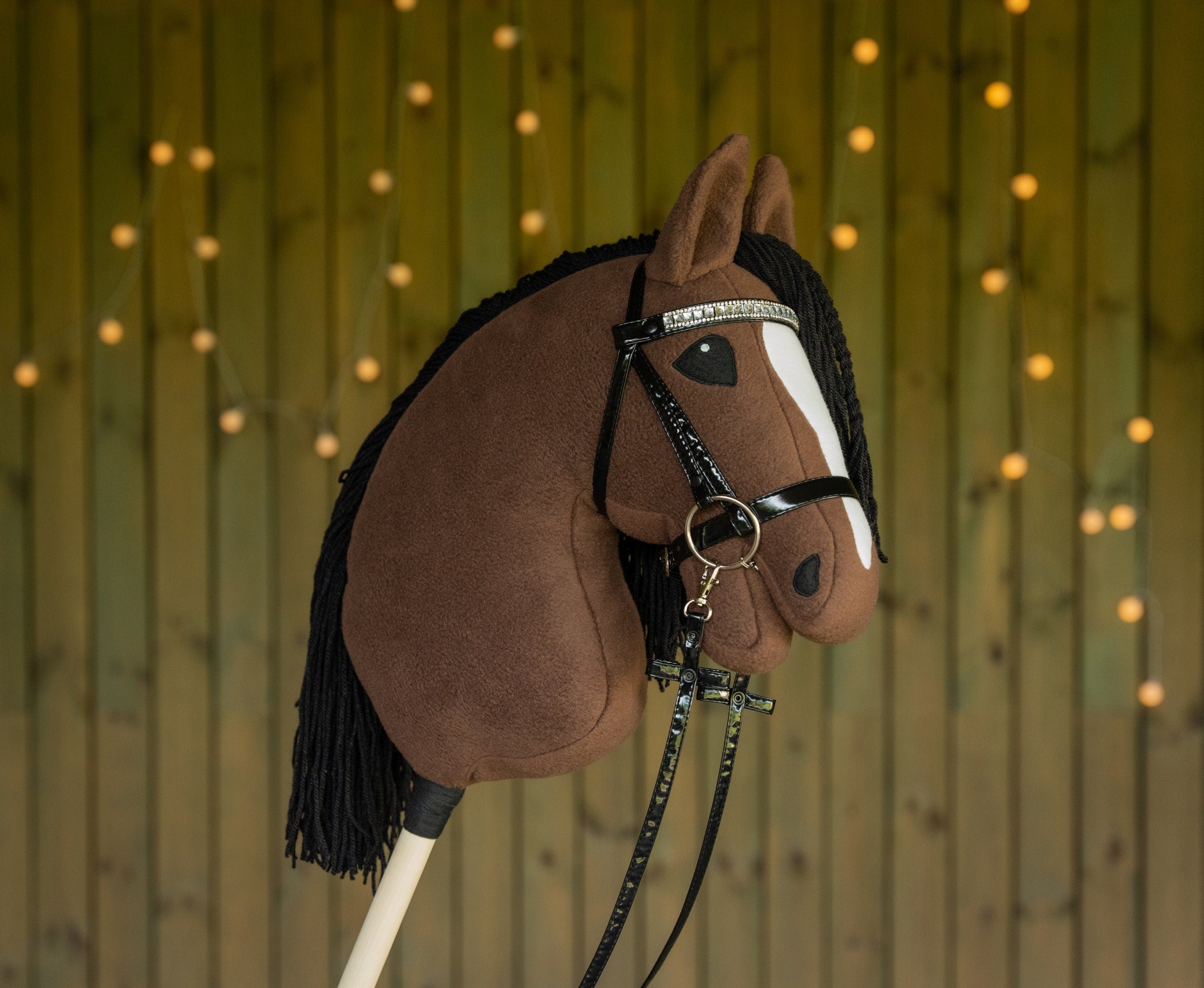 Brown Hobbyhorse with Black Mane – A3 Size Stick Horse | Handmade Hobby Horse with Rhinestone Bridle or Halter