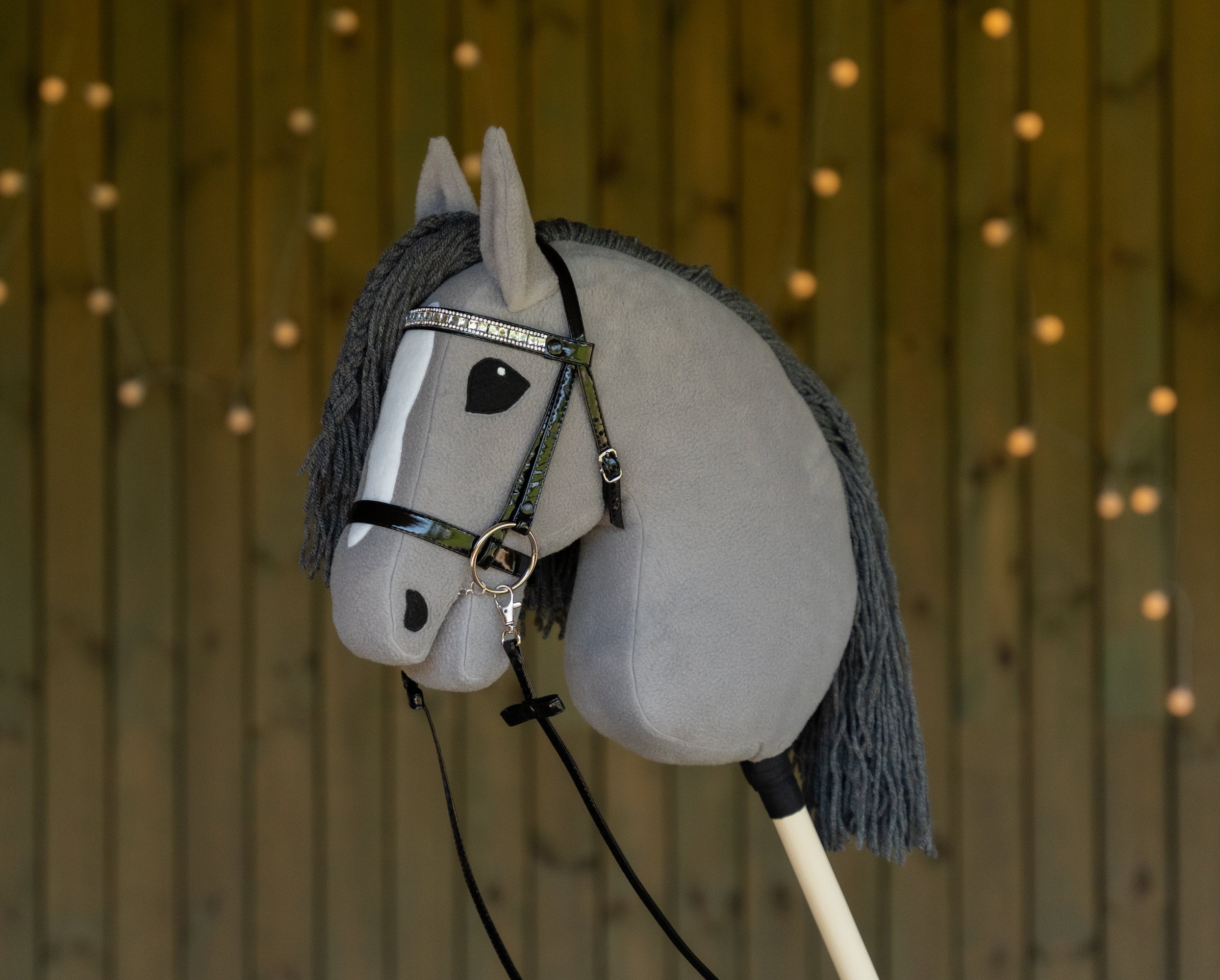 Grey Hobbyhorse – Handmade A3 Stick Horse with Halter or Rhinestone Bridle