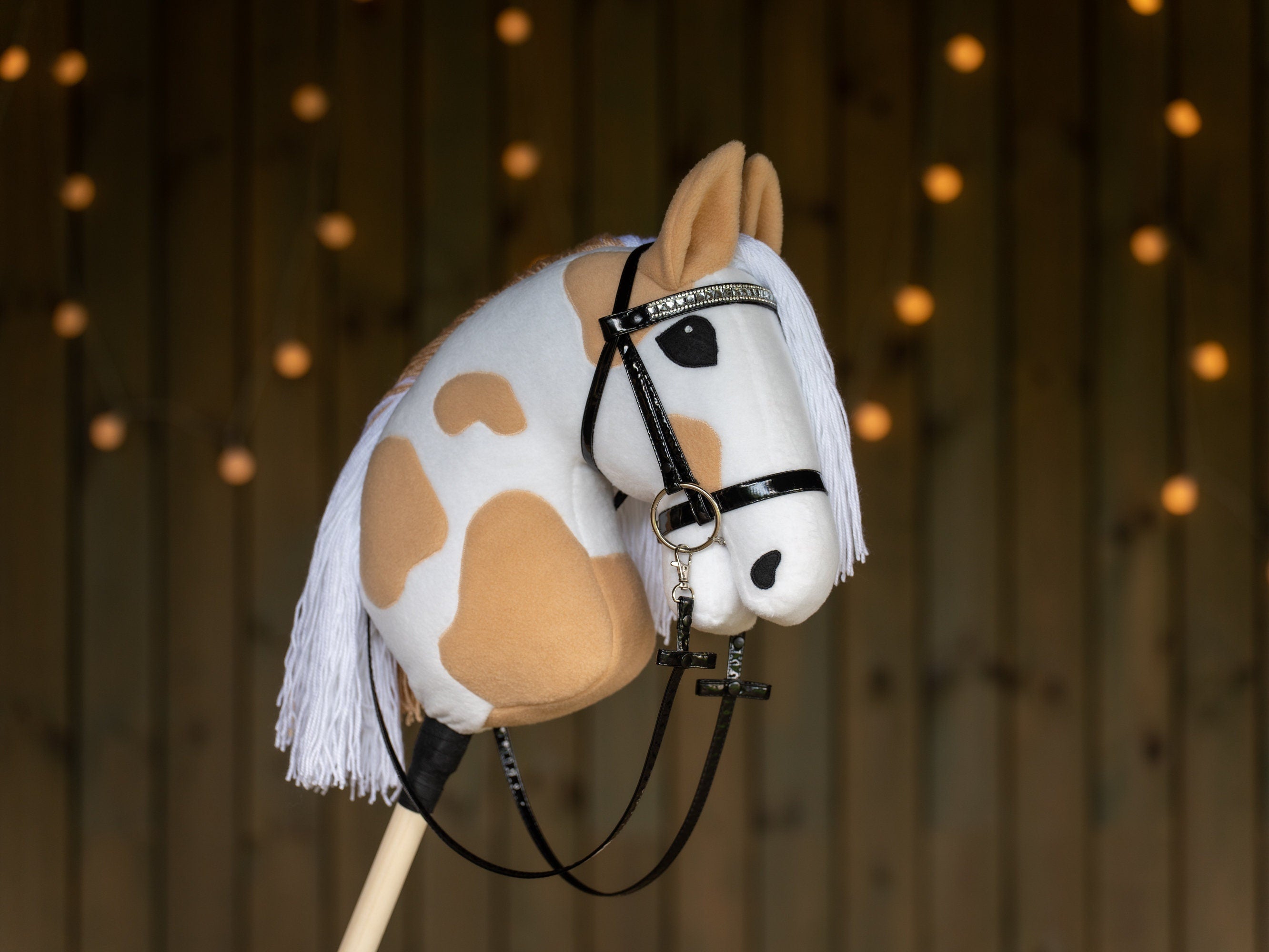 Paint Hobby Horse A3 – Handmade Stick Horse with Bridle or Halter, Rhinestone Tack, Two-Color Mane