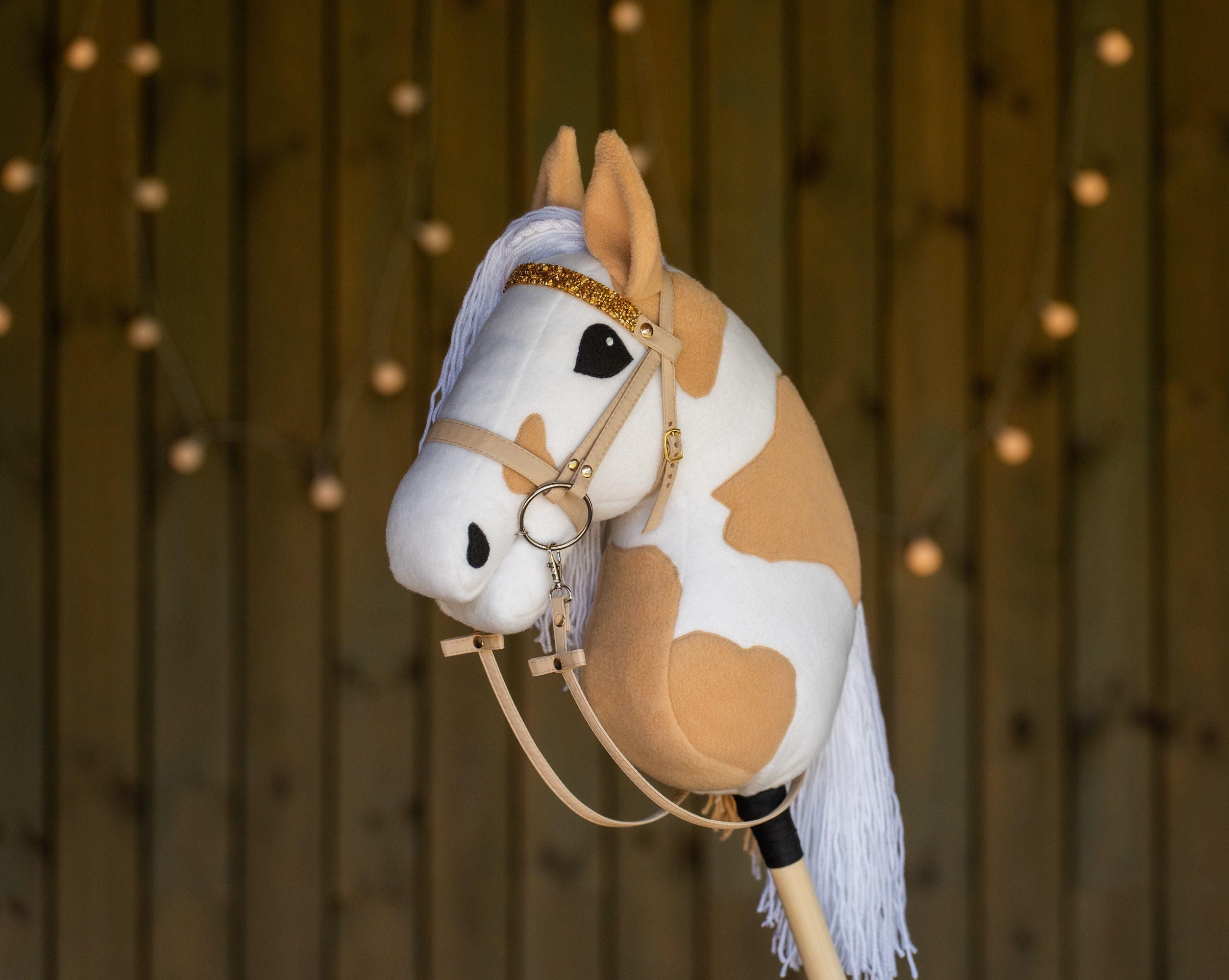Paint Hobby Horse A3 – Handmade Stick Horse with Bridle or Halter, Rhinestone Tack, Two-Color Mane