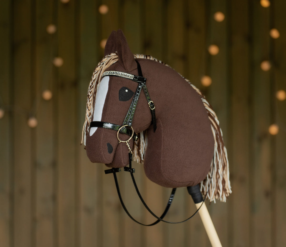 Brown Hobby Horse A3 – Handmade Stick Horse with Bridle or Halter, Tri-Color Mane