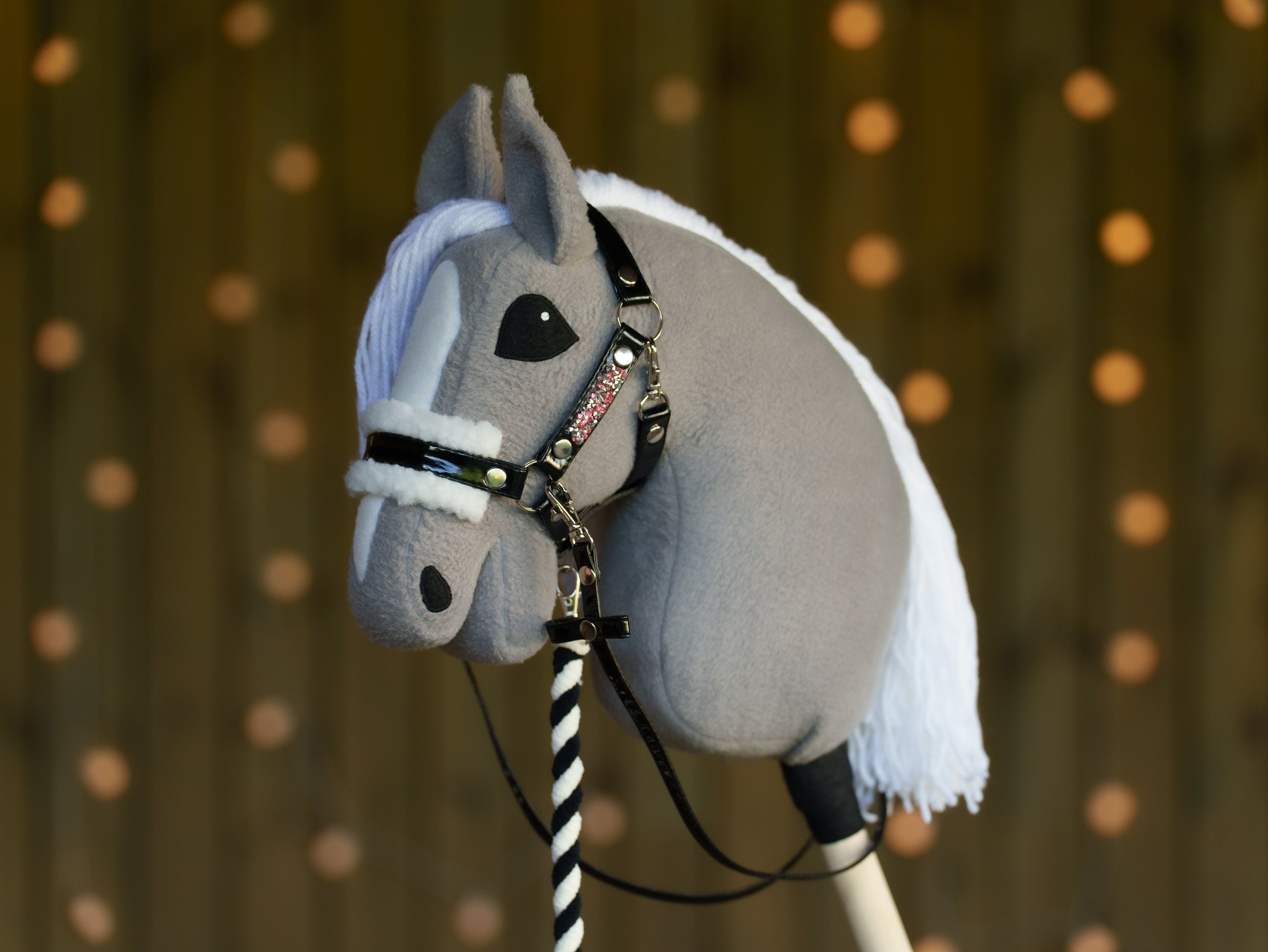 Shiny Black Faux Leather Hobbyhorse Halter with Rhinestones & Cream Fur – Fits A3 or A4 Sizes