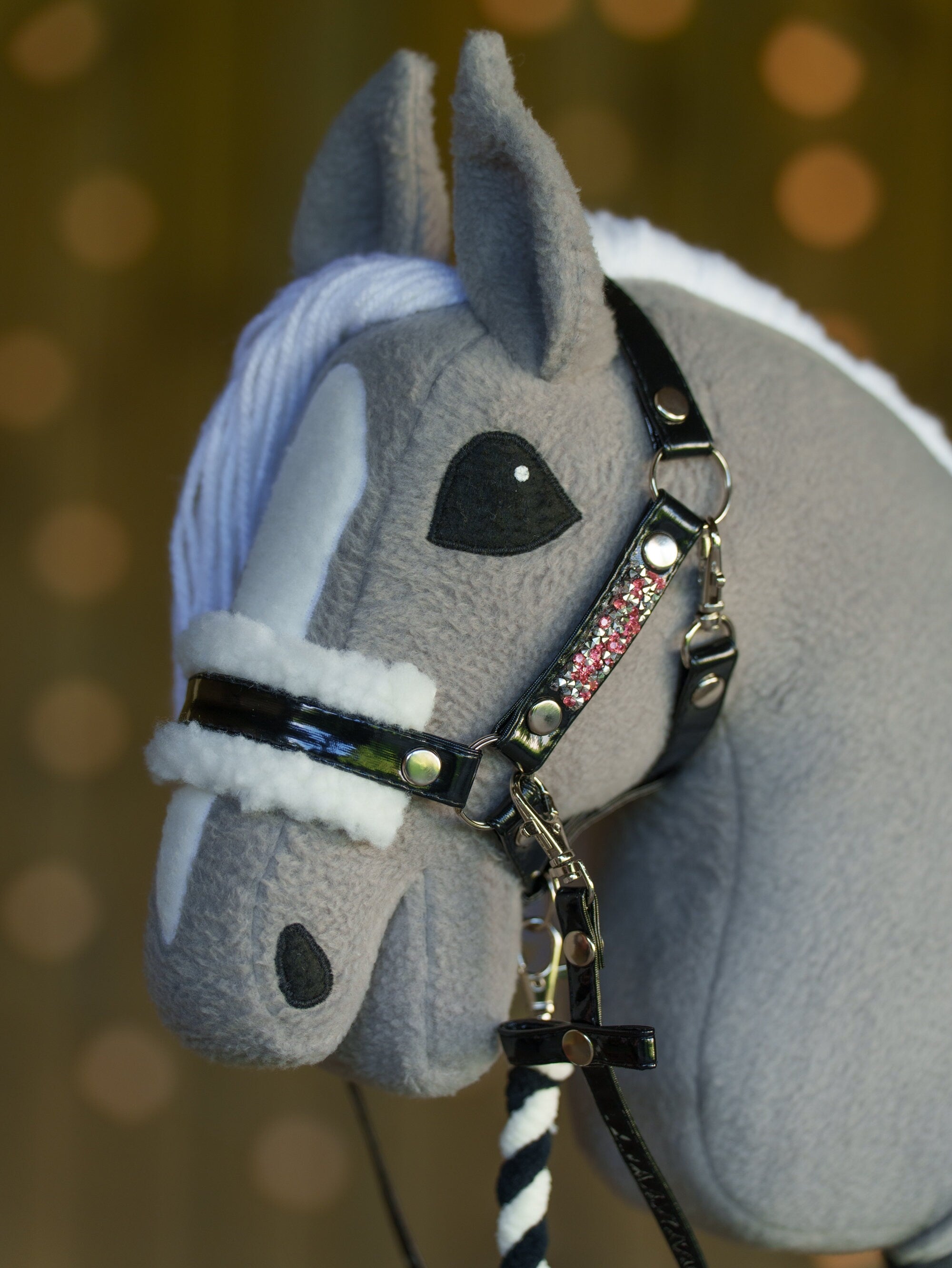 Shiny Black Faux Leather Hobbyhorse Halter with Rhinestones & Cream Fur – Fits A3 or A4 Sizes