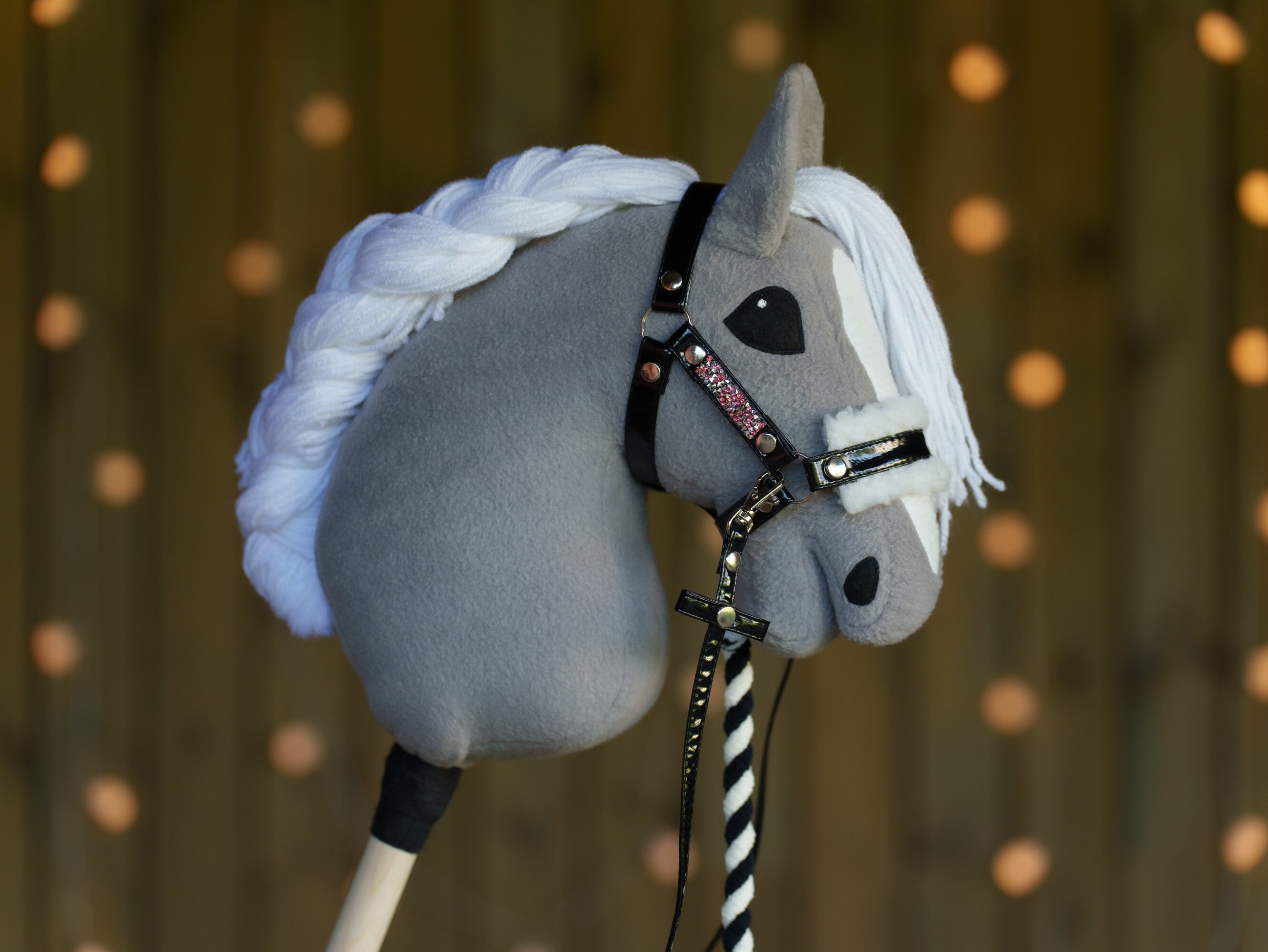 Shiny Black Faux Leather Hobbyhorse Halter with Rhinestones & Cream Fur – Fits A3 or A4 Sizes