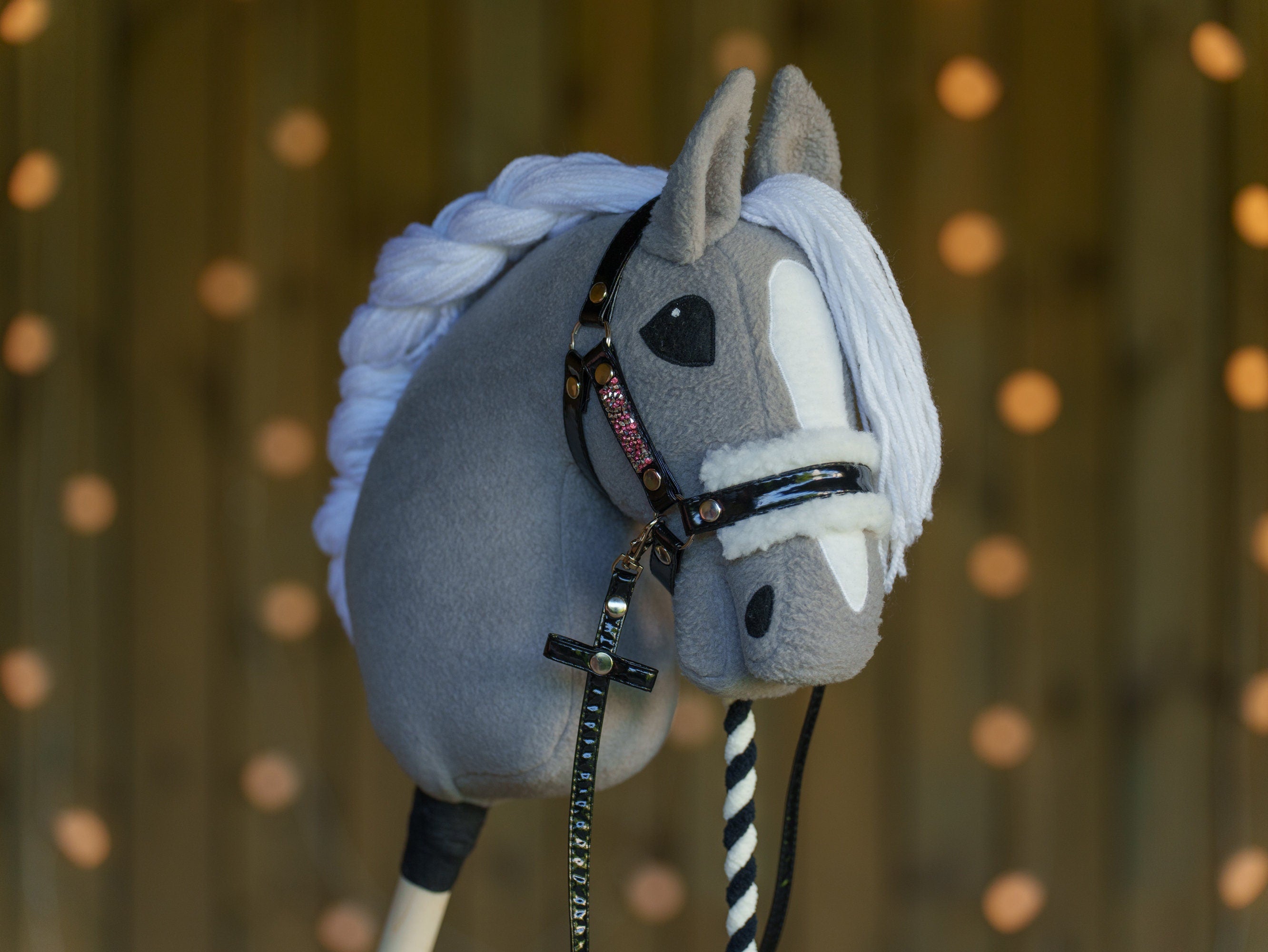 Shiny Black Faux Leather Hobbyhorse Halter with Rhinestones & Cream Fur – Fits A3 or A4 Sizes