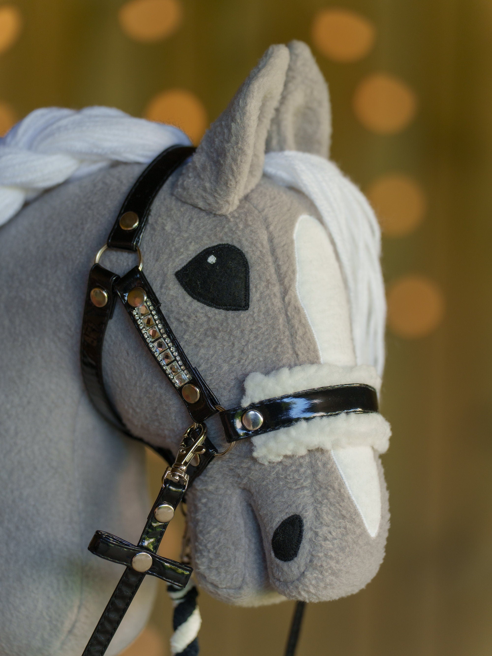 Shiny Black Faux Leather Hobbyhorse Halter with Rhinestones & Cream Fur – Fits A3 or A4 Sizes