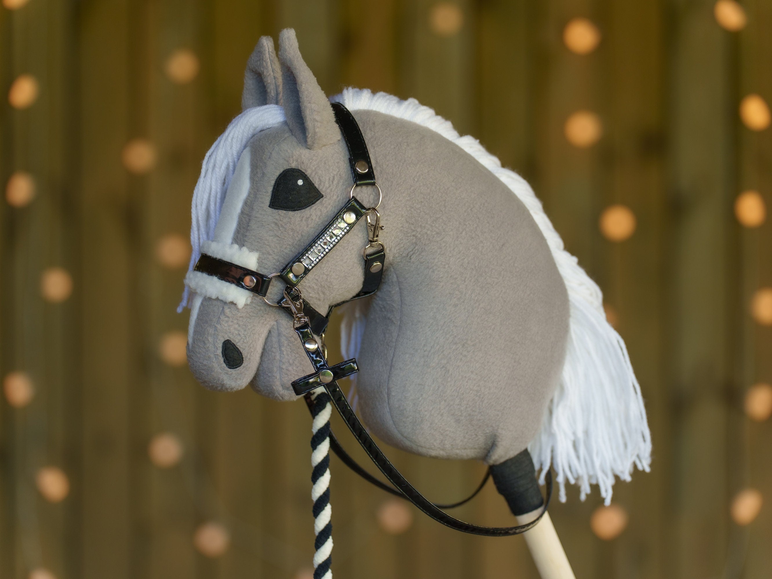 Shiny Black Faux Leather Hobbyhorse Halter with Rhinestones & Cream Fur – Fits A3 or A4 Sizes