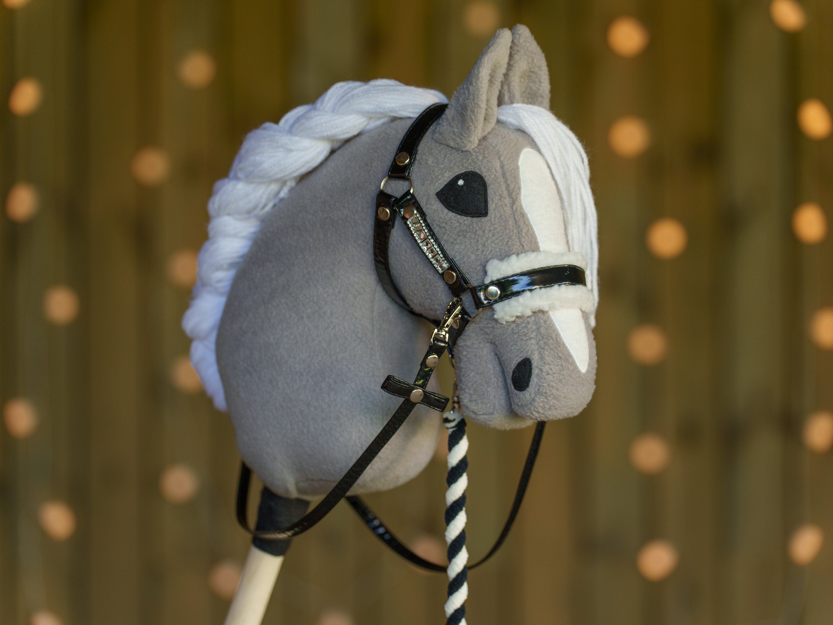 Shiny Black Faux Leather Hobbyhorse Halter with Rhinestones & Cream Fur – Fits A3 or A4 Sizes
