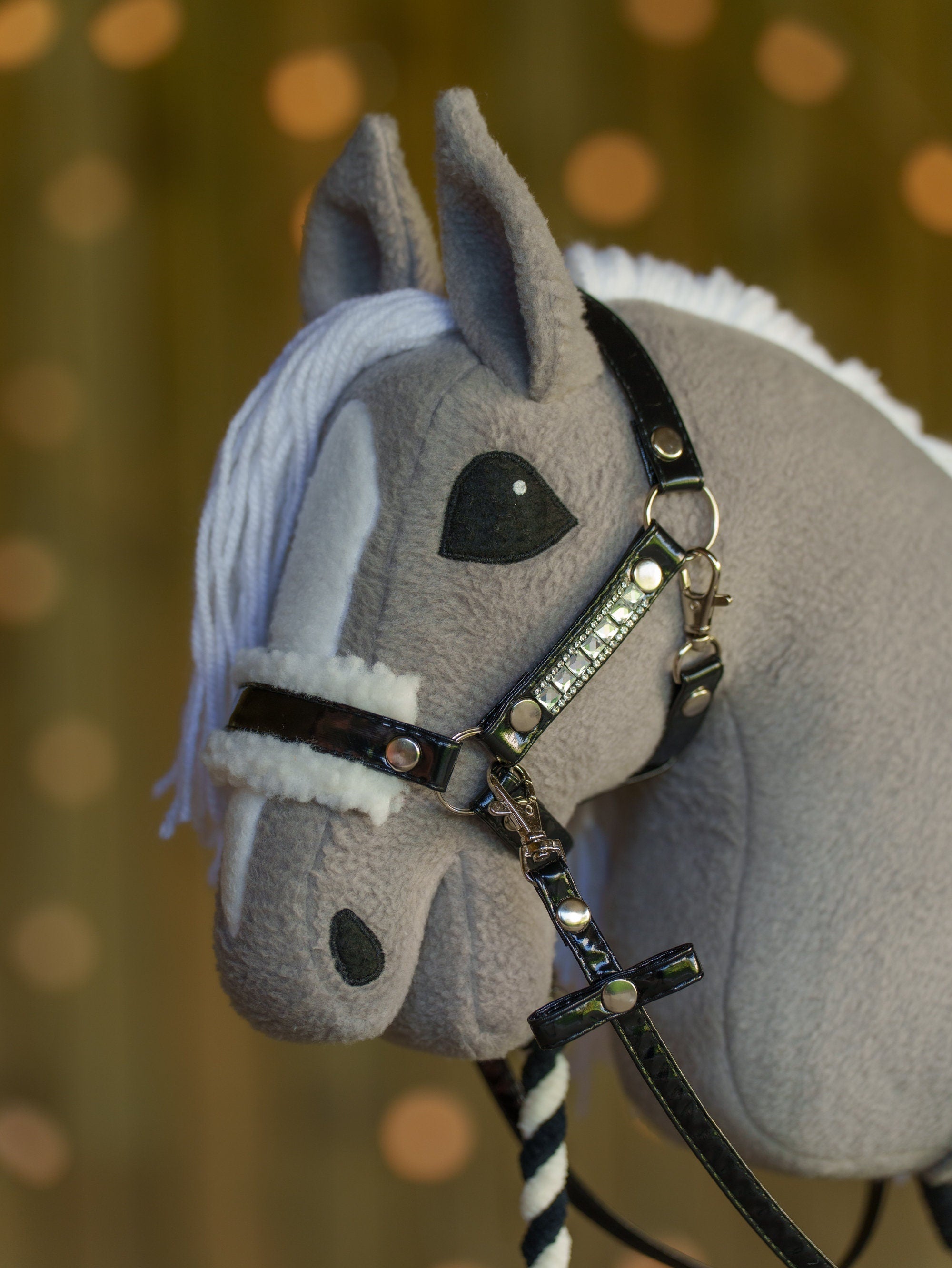 Shiny Black Faux Leather Hobbyhorse Halter with Rhinestones & Cream Fur – Fits A3 or A4 Sizes