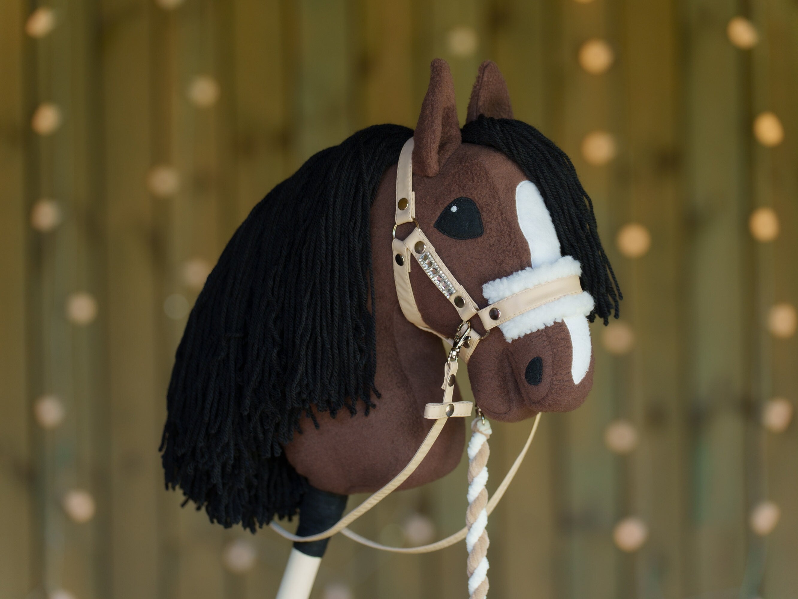 Faux Leather Hobbyhorse Halter with Rhinestones & Cream Fur – Fits A3 or A4 Sizes