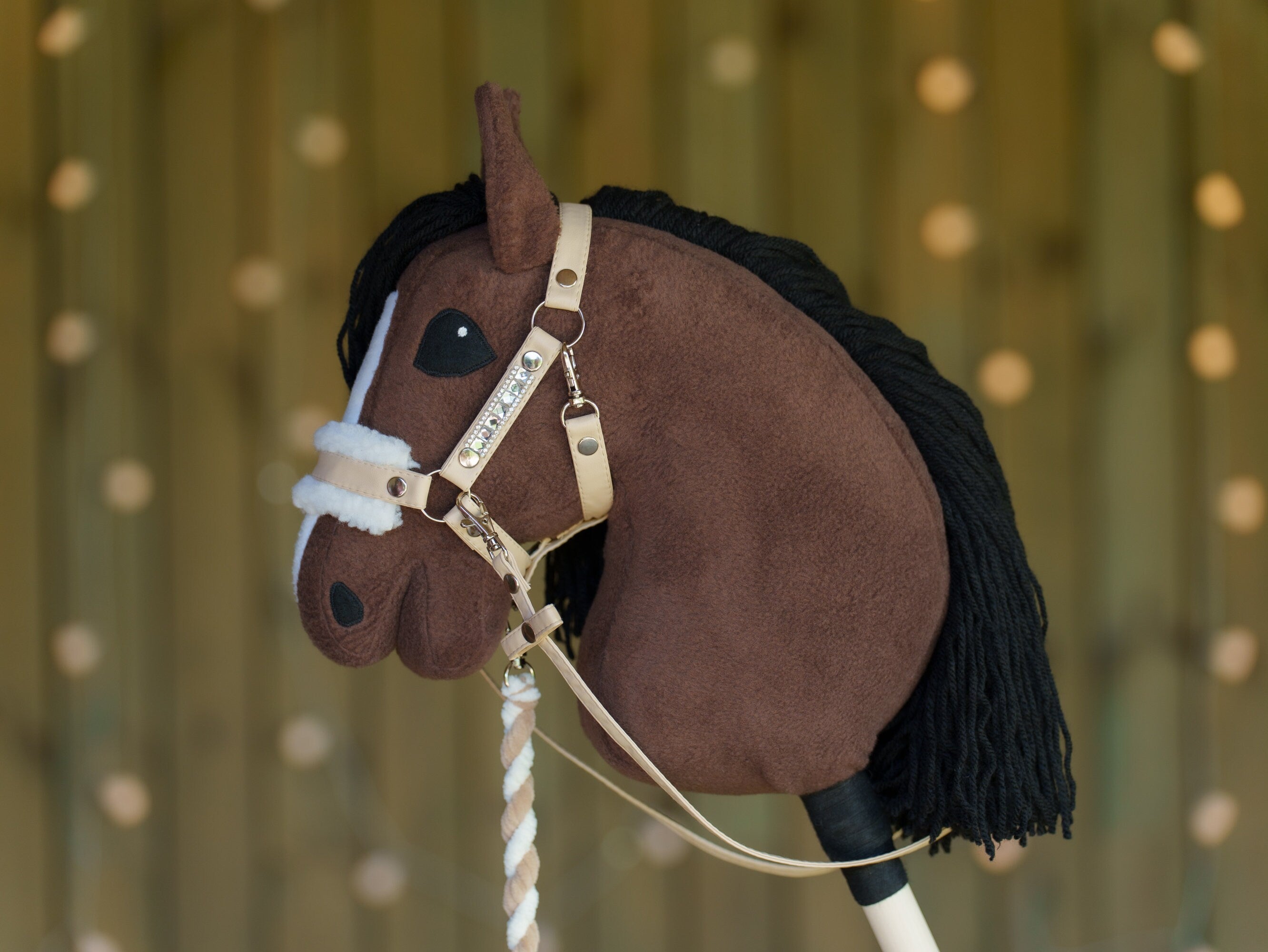 Faux Leather Hobbyhorse Halter with Rhinestones & Cream Fur – Fits A3 or A4 Sizes