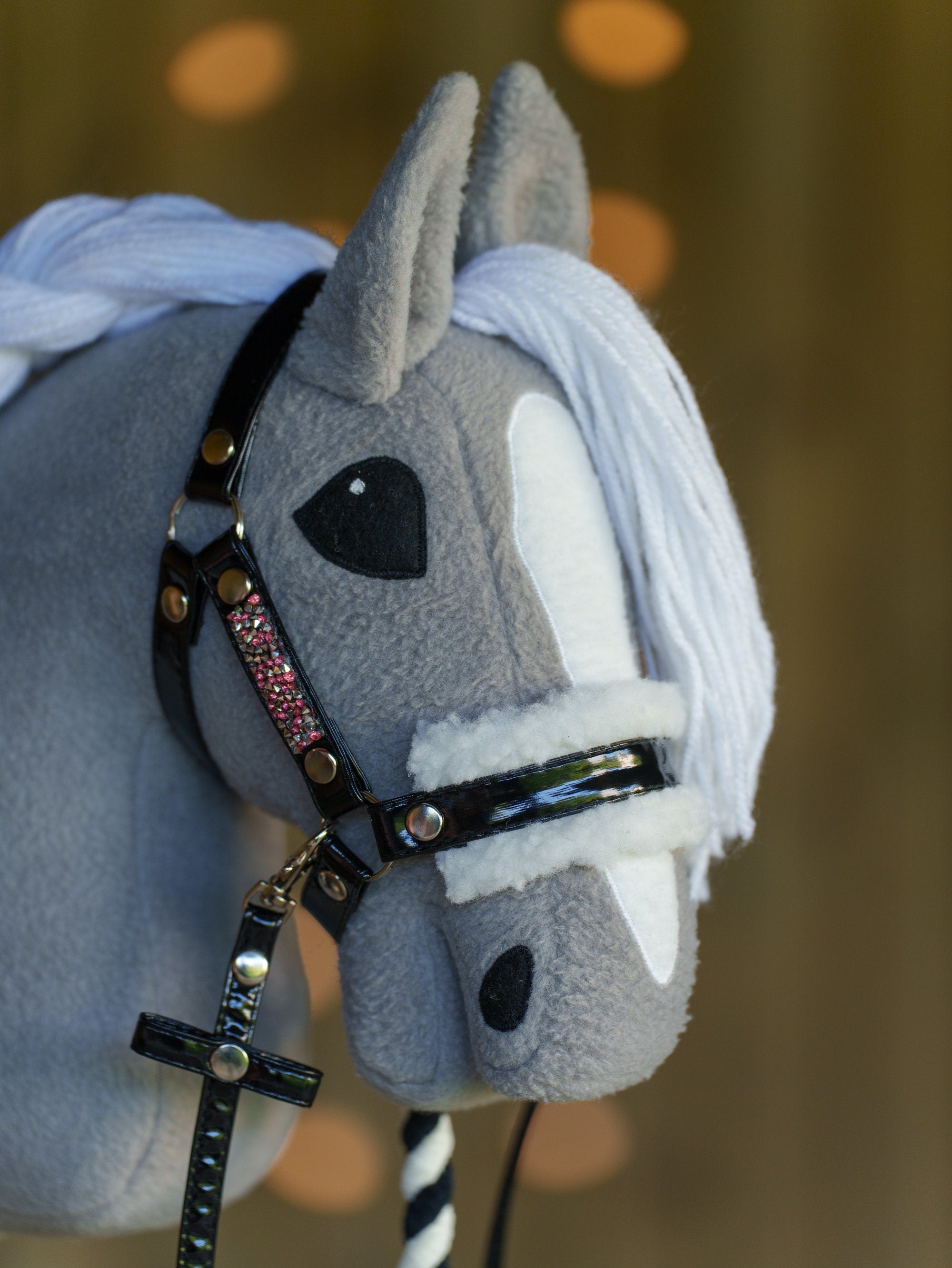 Shiny Black Faux Leather Hobbyhorse Halter with Rhinestones & Cream Fur – Fits A3 or A4 Sizes