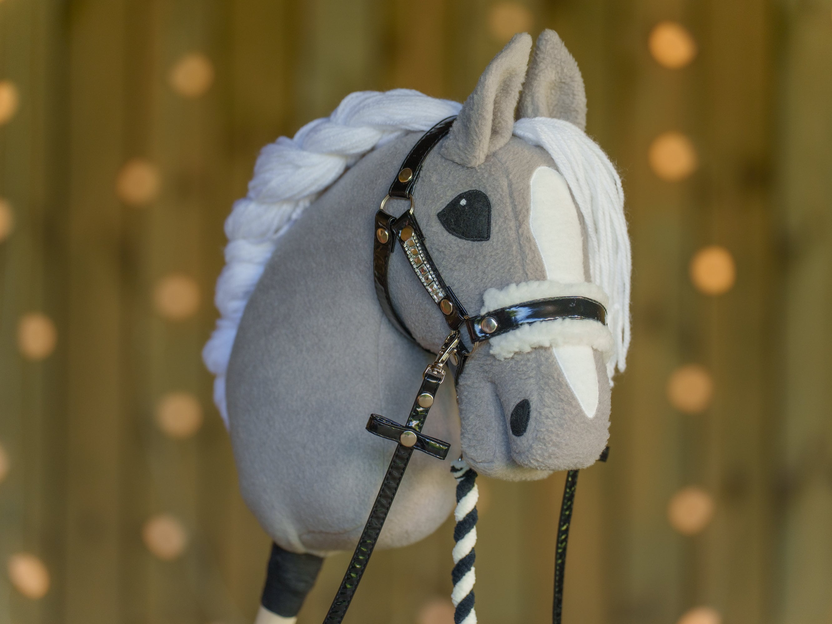 Shiny Black Faux Leather Hobbyhorse Halter with Rhinestones & Cream Fur – Fits A3 or A4 Sizes