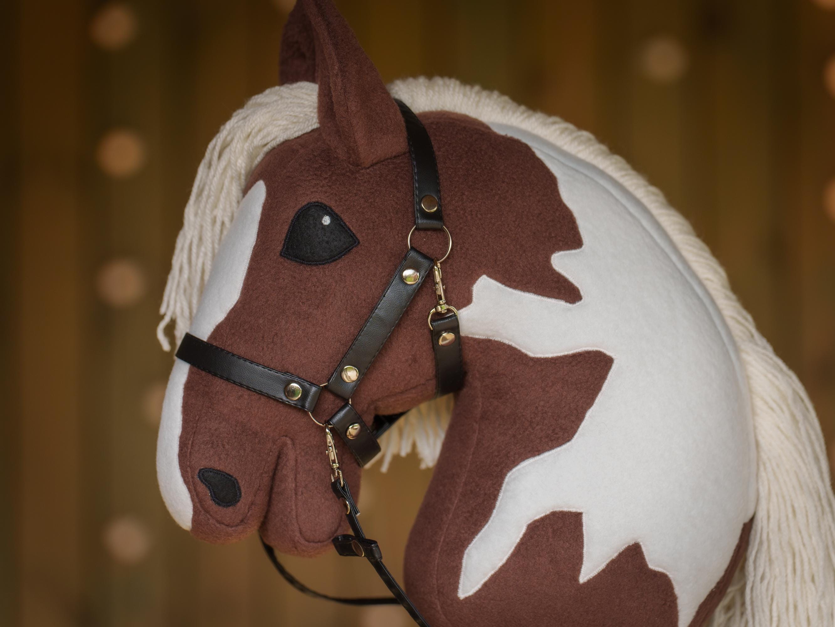 Brown Pinto Hobby Horse – Paint Hobbyhorse with Faux Leather Halter – Handmade A3 Size Stick Horse