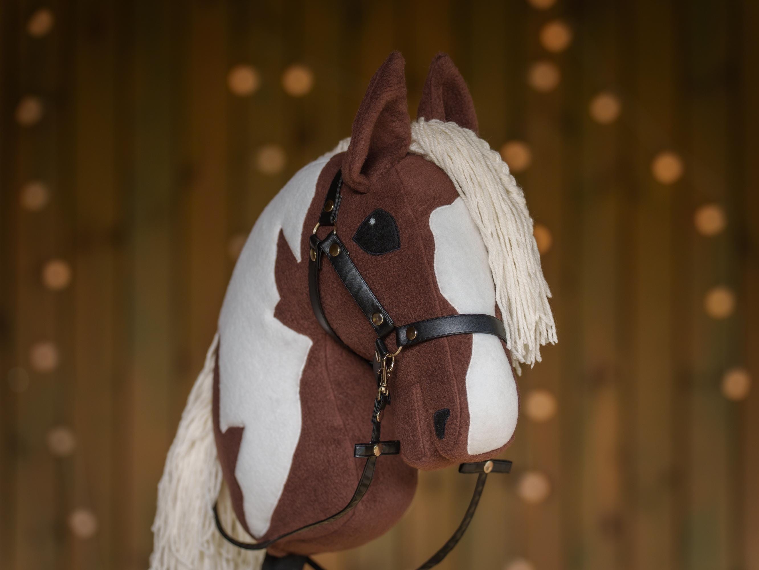 Brown Pinto Hobby Horse – Paint Hobbyhorse with Faux Leather Halter – Handmade A3 Size Stick Horse