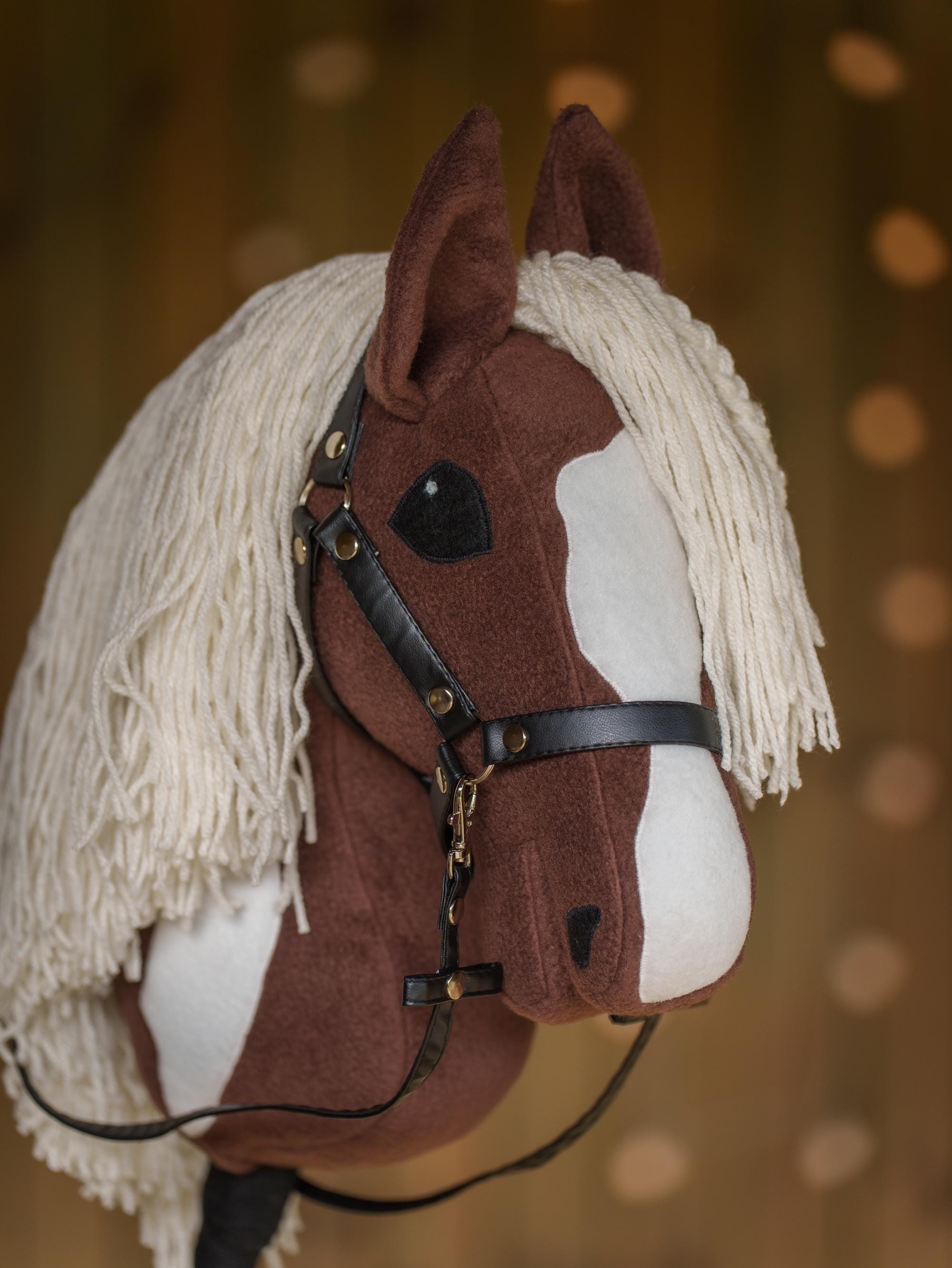 Brown Pinto Hobby Horse – Paint Hobbyhorse with Faux Leather Halter – Handmade A3 Size Stick Horse