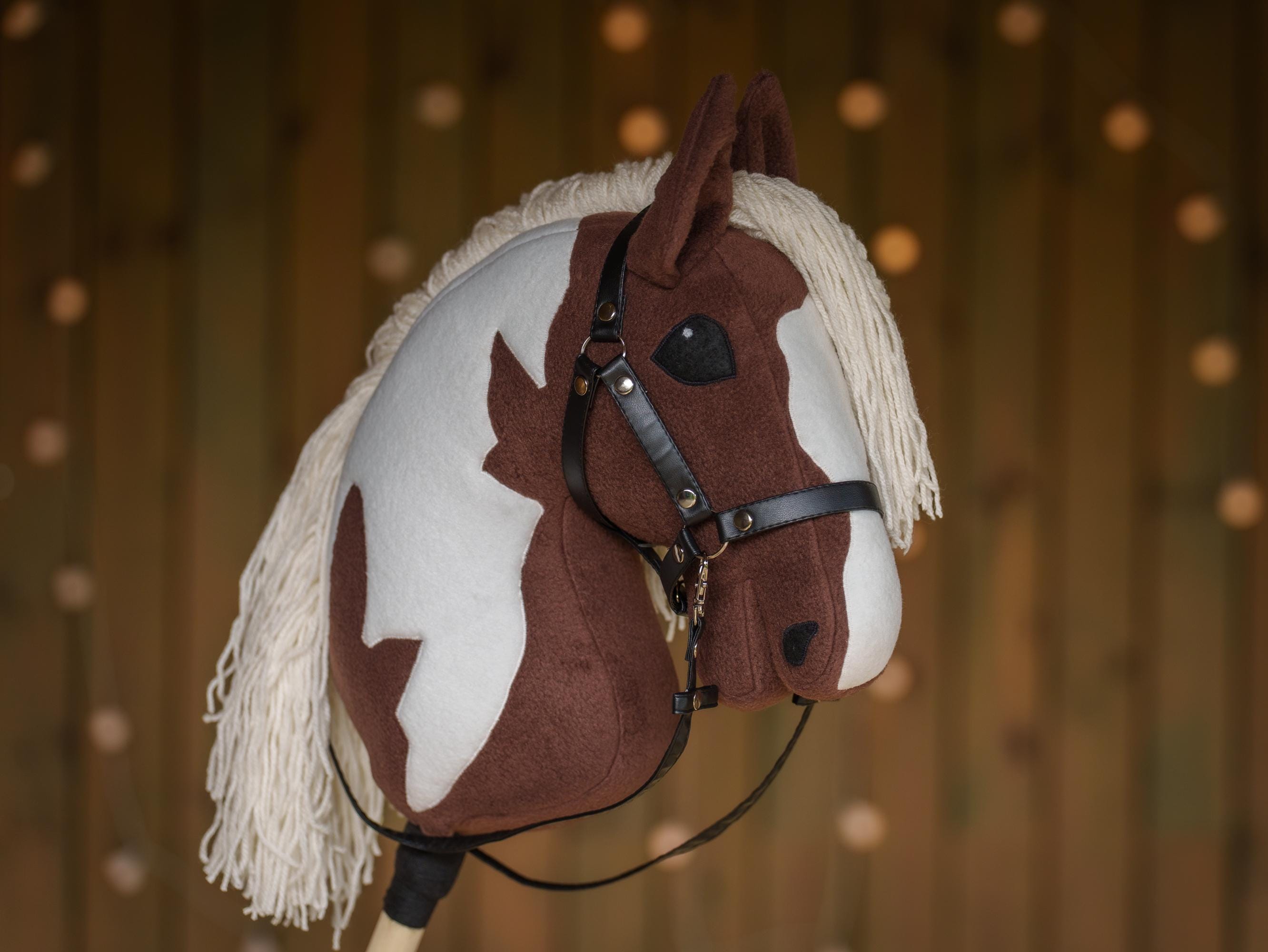Brown Pinto Hobby Horse – Paint Hobbyhorse with Faux Leather Halter – Handmade A3 Size Stick Horse