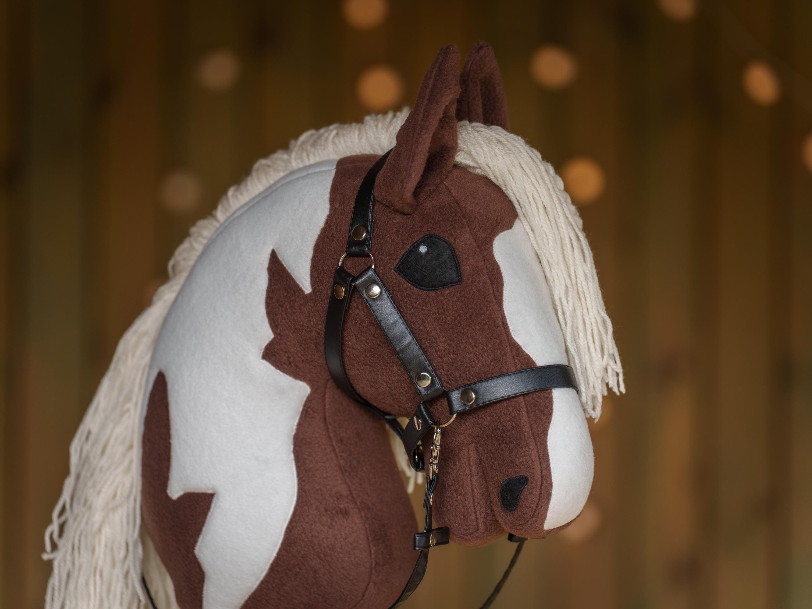 Brown Pinto Hobby Horse – Paint Hobbyhorse with Faux Leather Halter – Handmade A3 Size Stick Horse