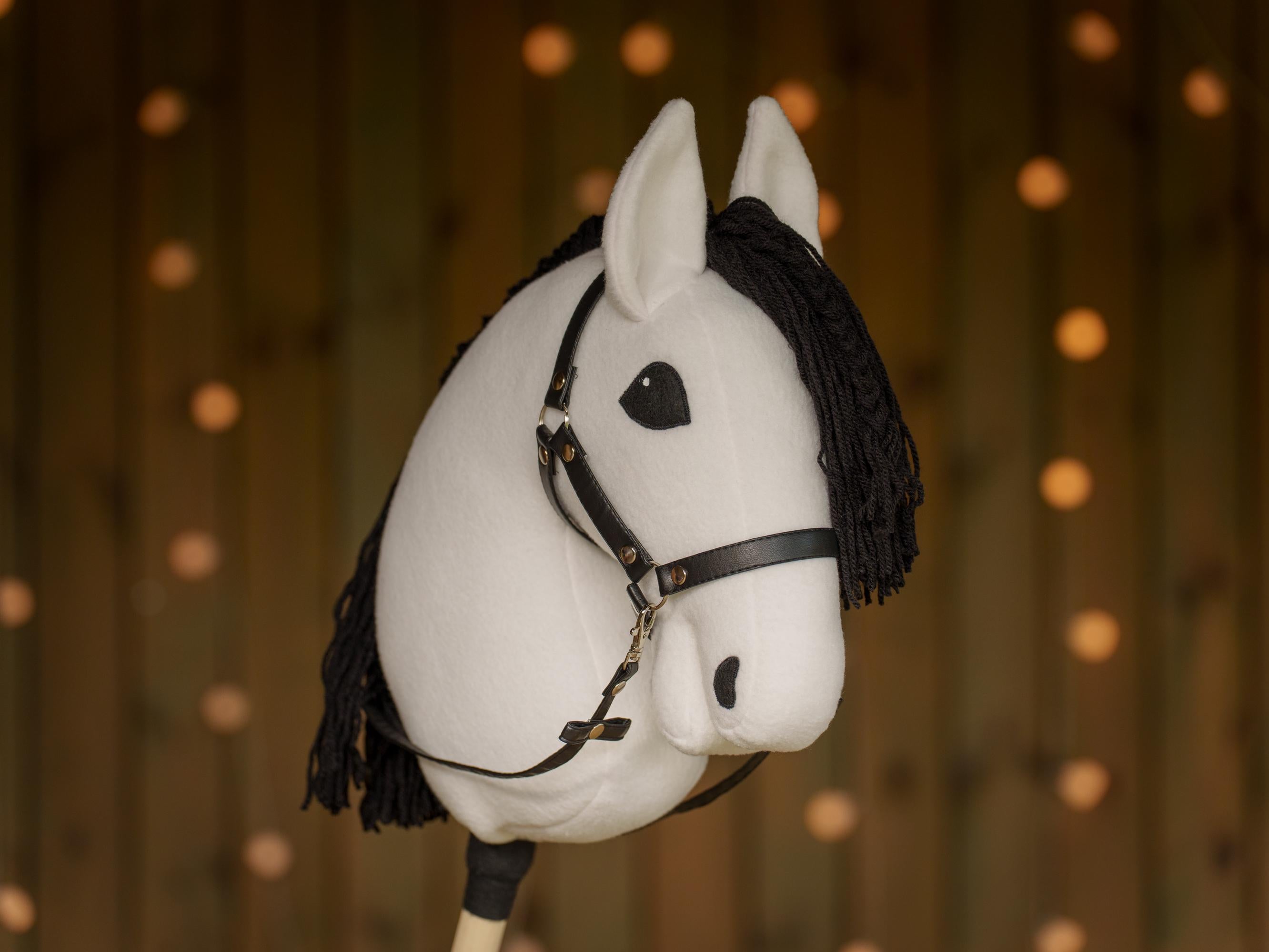 White Hobby Horse with Black Mane – Handmade A3 Stick Horse for Kids – Includes Faux Leather Halter