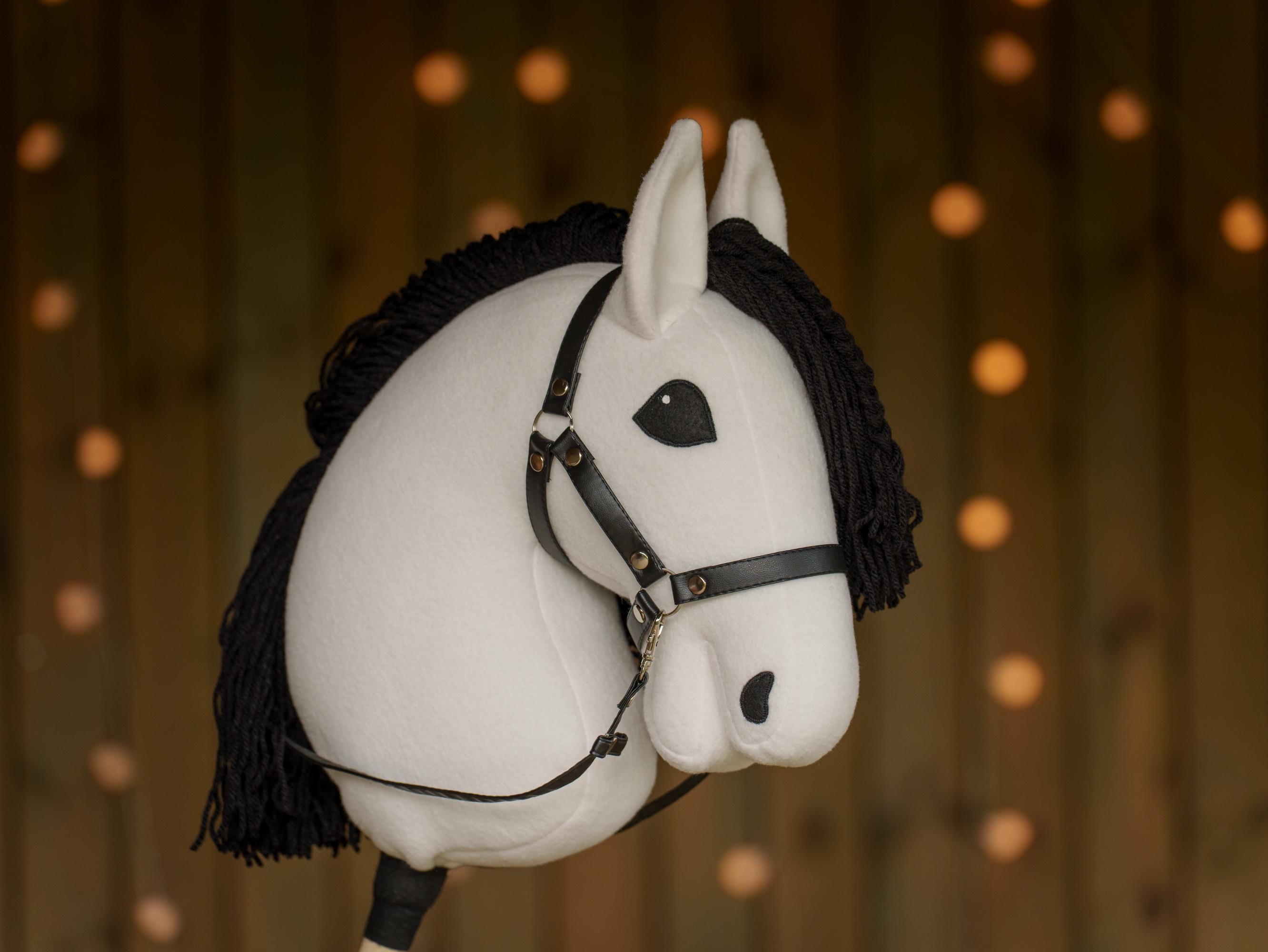 White Hobby Horse with Black Mane – Handmade A3 Stick Horse for Kids – Includes Faux Leather Halter