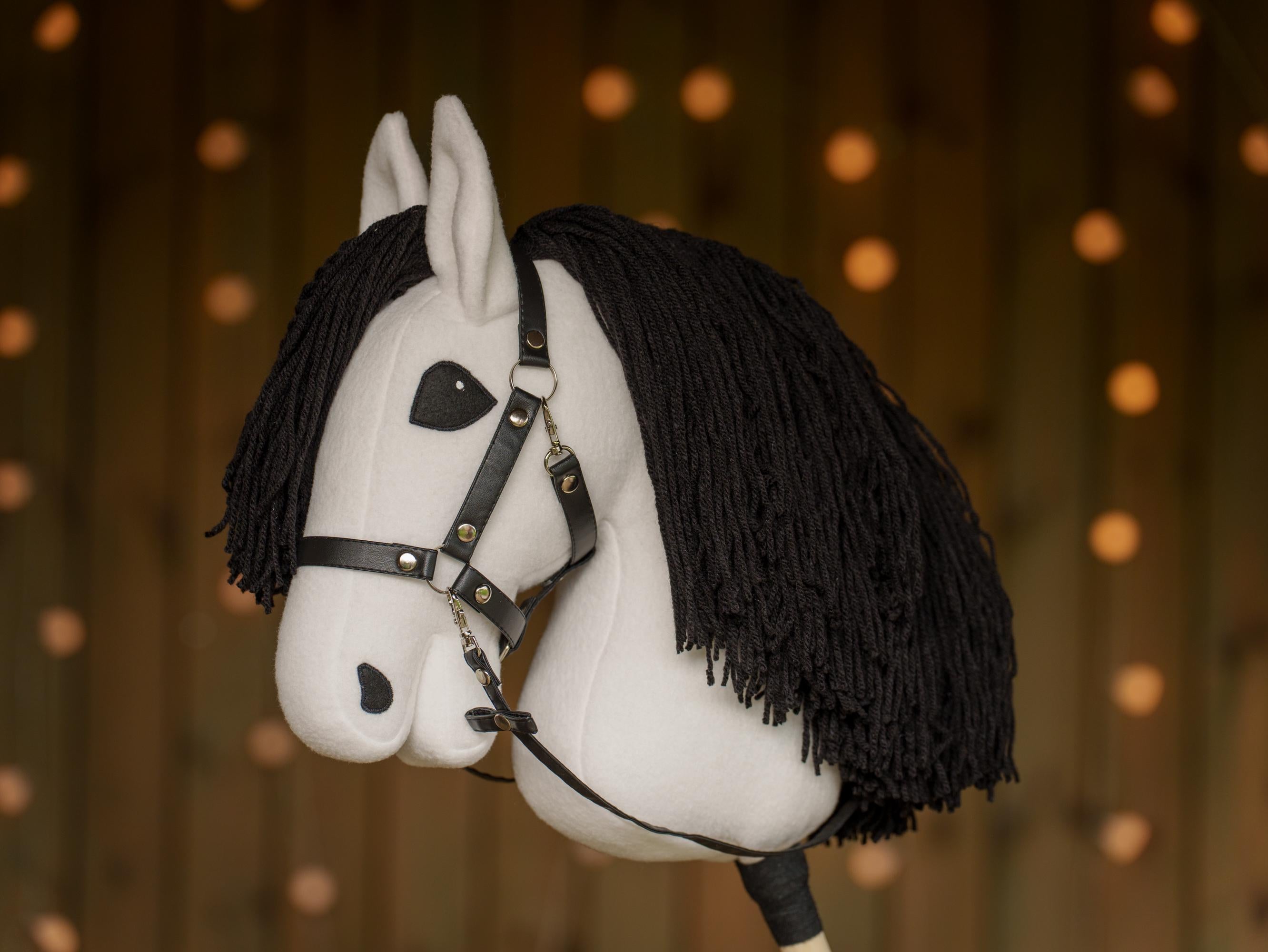 White Hobby Horse with Black Mane – Handmade A3 Stick Horse for Kids – Includes Faux Leather Halter