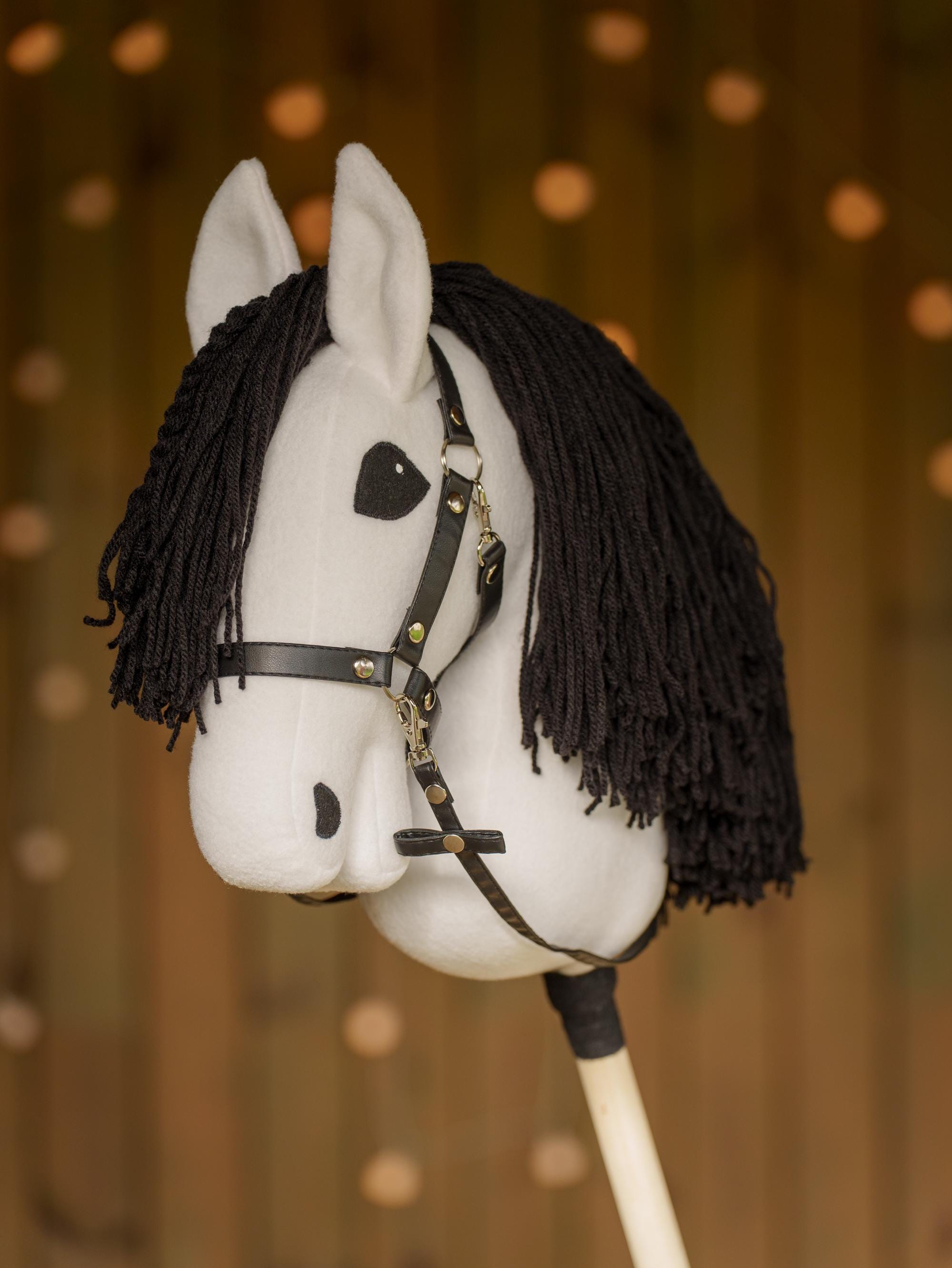 White Hobby Horse with Black Mane – Handmade A3 Stick Horse for Kids – Includes Faux Leather Halter