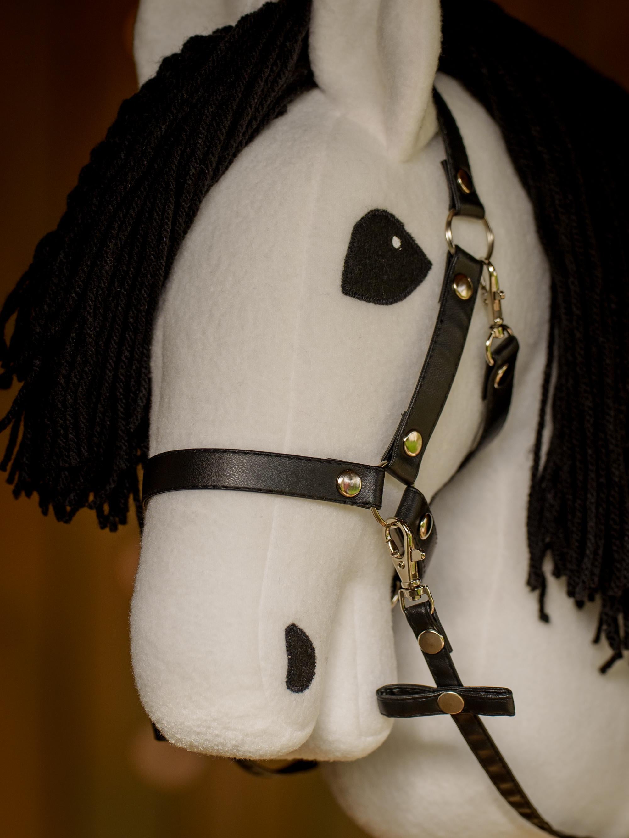 White Hobby Horse with Black Mane – Handmade A3 Stick Horse for Kids – Includes Faux Leather Halter