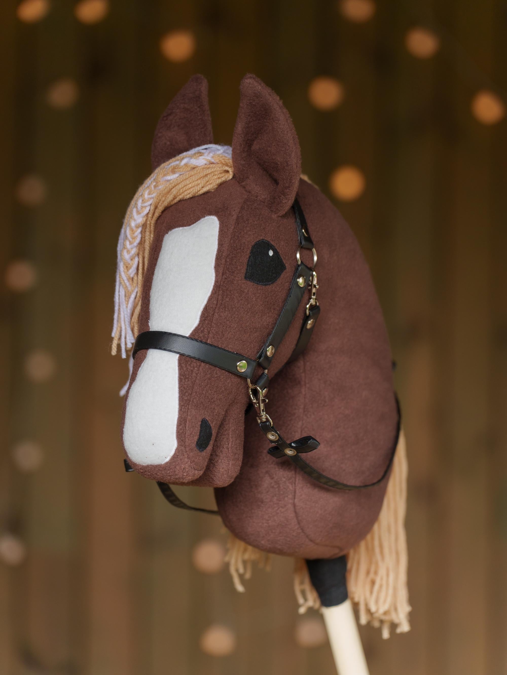 Brown Hobby Horse with Two-Color Mane – Handmade A3 Stick Horse Toy for Kids – Includes Faux Leather Halter