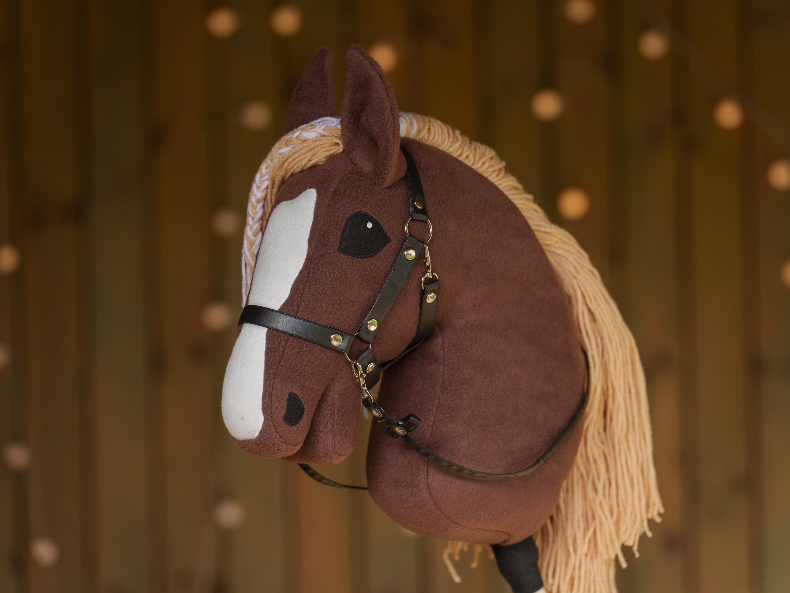 Brown Hobby Horse with Two-Color Mane – Handmade A3 Stick Horse Toy for Kids – Includes Faux Leather Halter