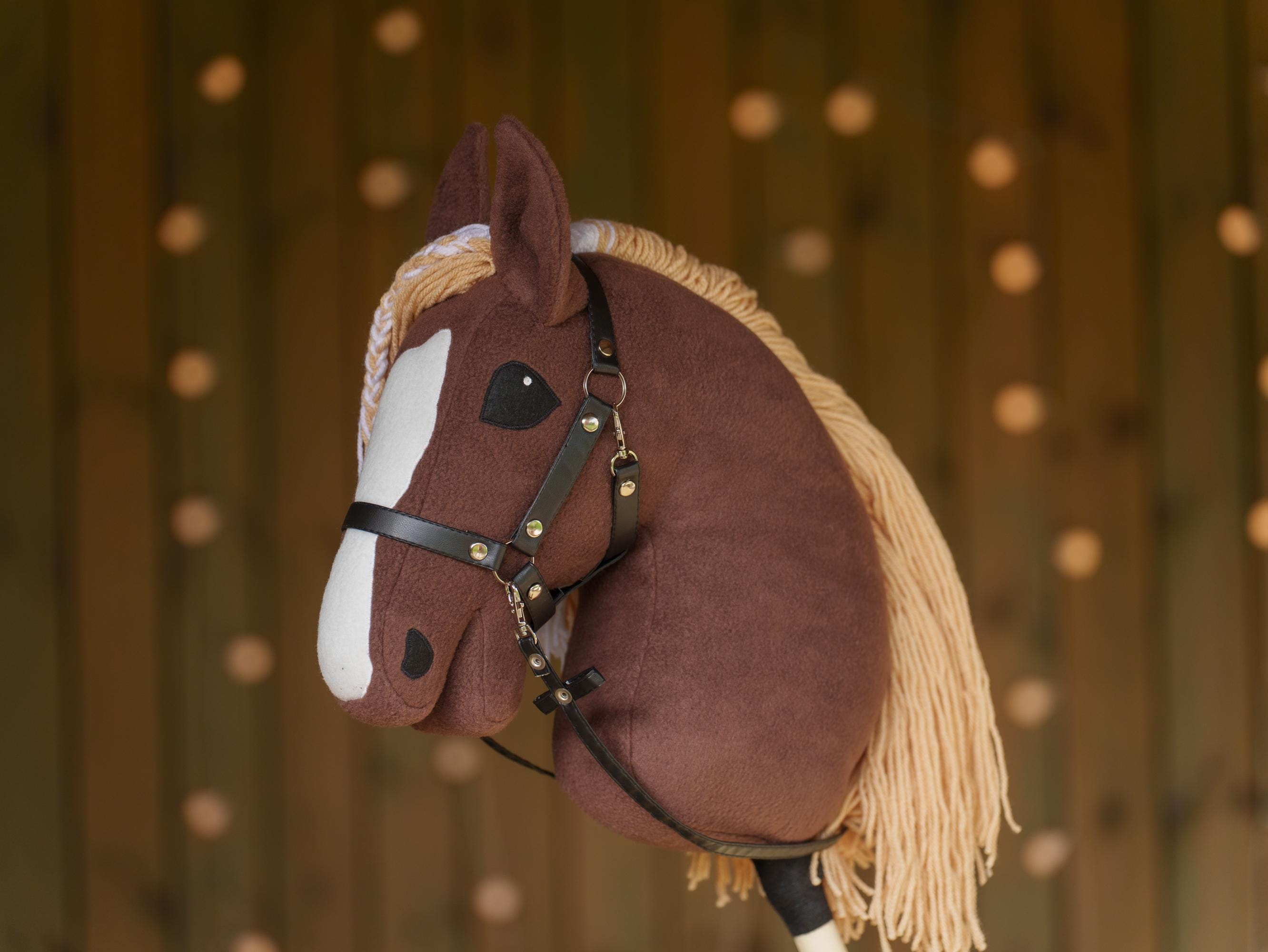 Brown Hobby Horse with Two-Color Mane – Handmade A3 Stick Horse Toy for Kids – Includes Faux Leather Halter