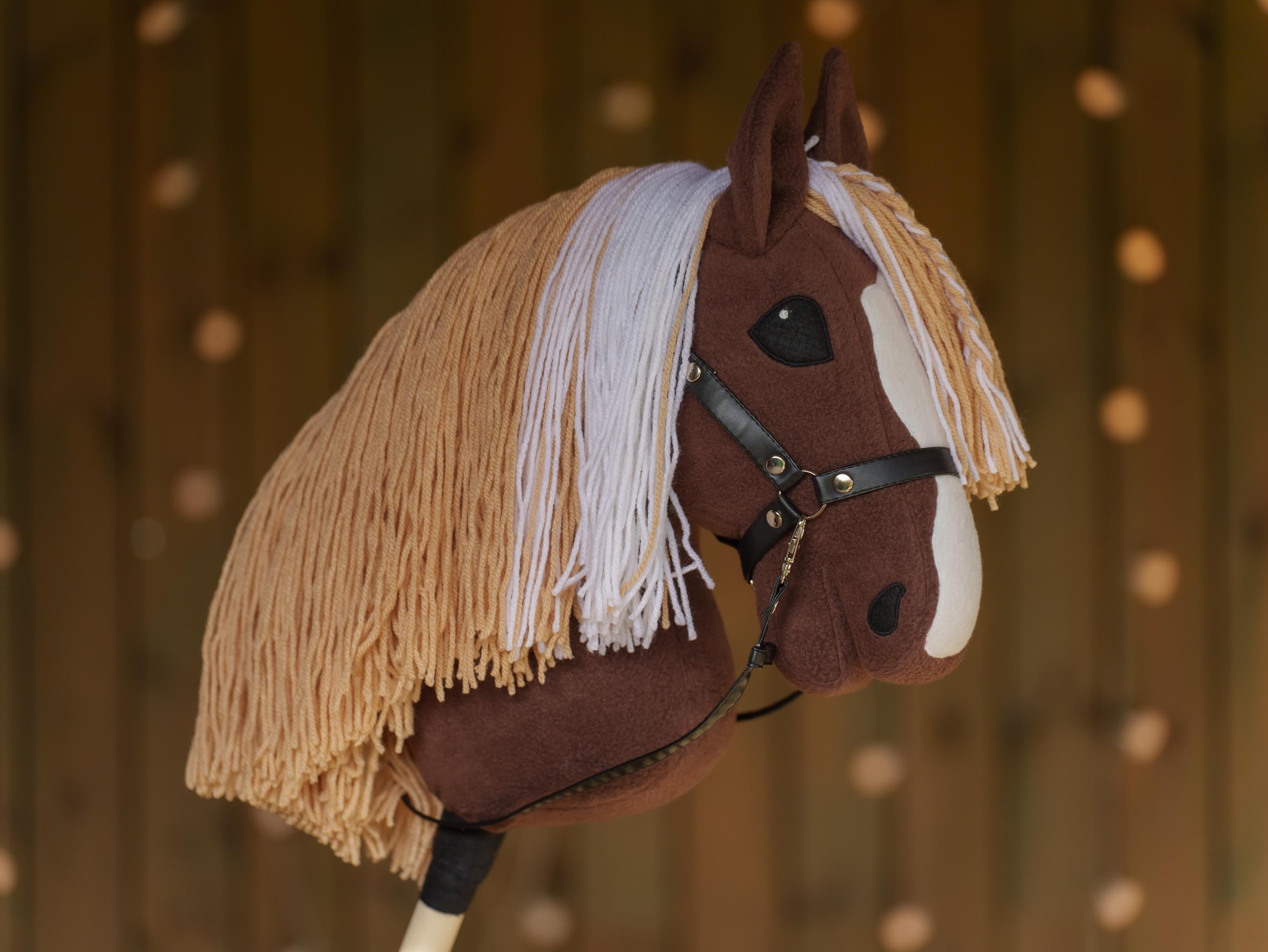 Brown Hobby Horse with Two-Color Mane – Handmade A3 Stick Horse Toy for Kids – Includes Faux Leather Halter