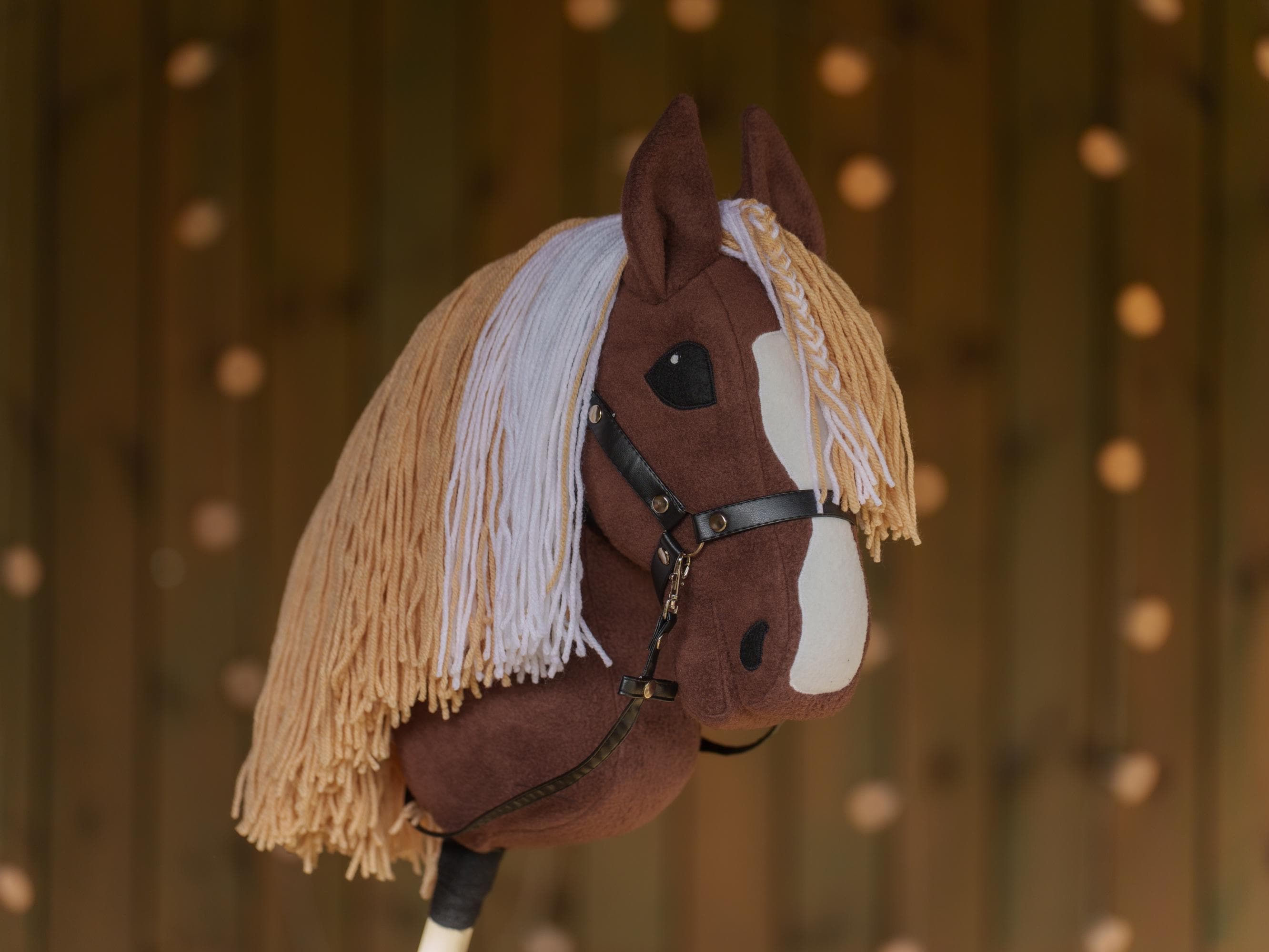 Brown Hobby Horse with Two-Color Mane – Handmade A3 Stick Horse Toy for Kids – Includes Faux Leather Halter
