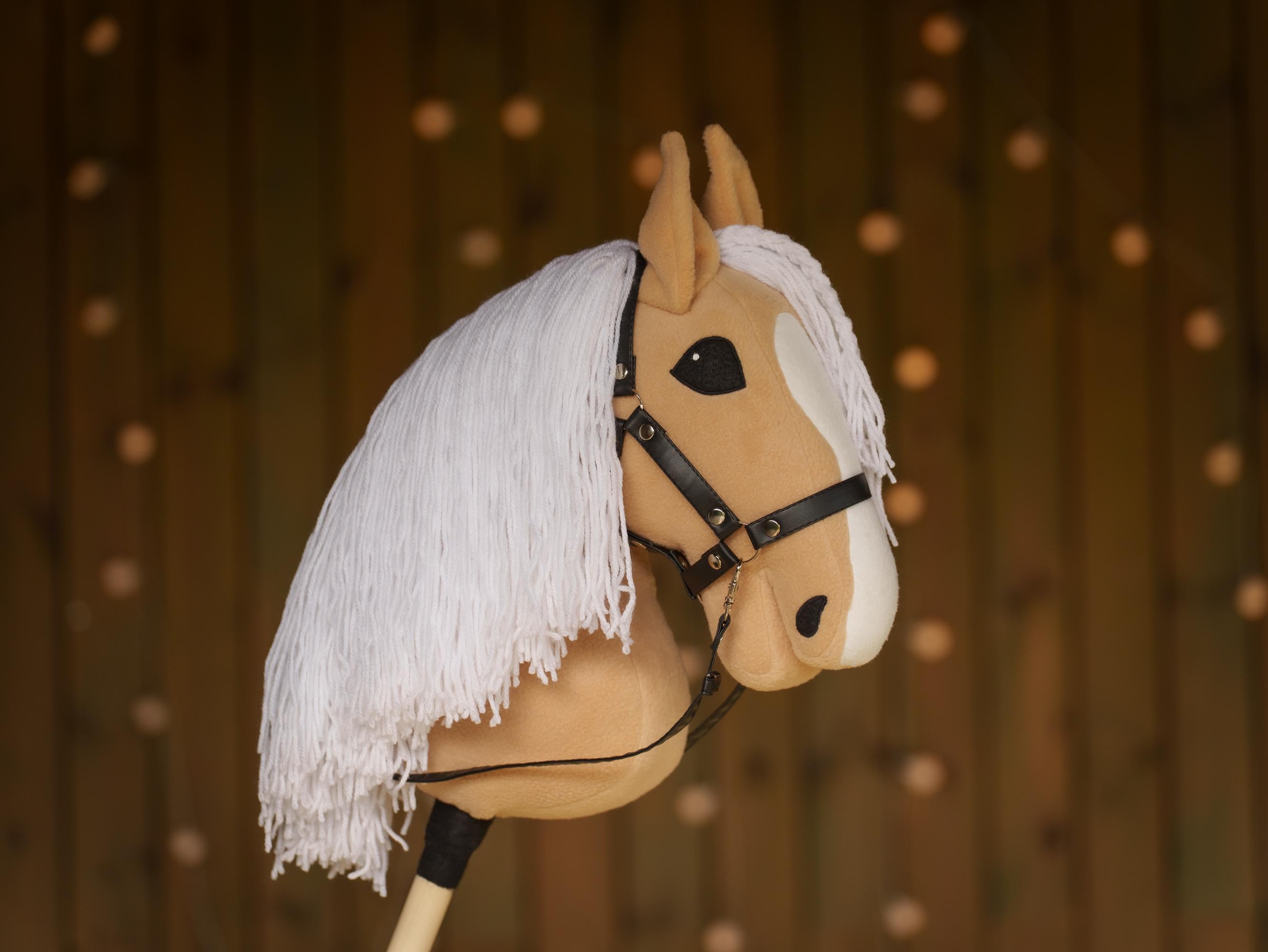 Palomino Hobby Horse with White Mane – Handmade A3 Stick Horse Toy for Kids – Includes Faux Leather Halter