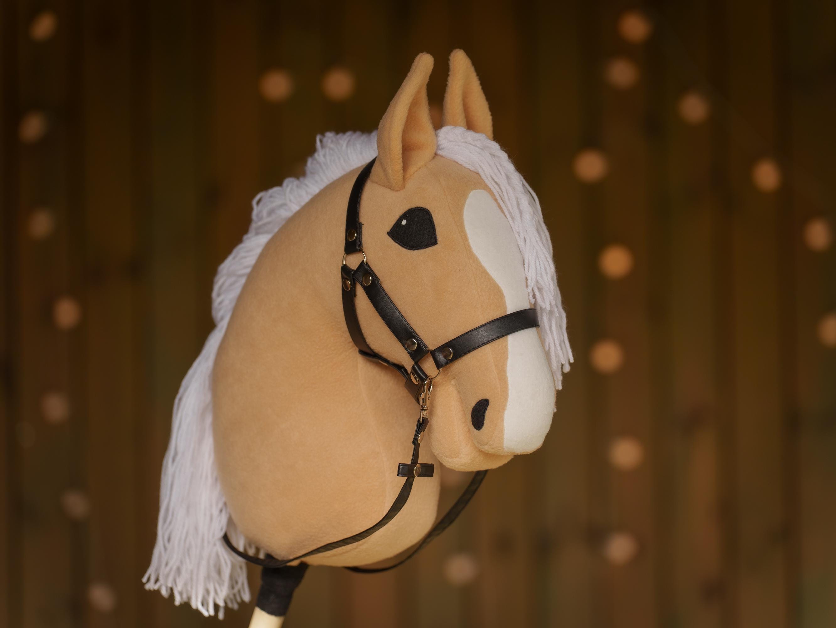 Palomino Hobby Horse with White Mane – Handmade A3 Stick Horse Toy for Kids – Includes Faux Leather Halter