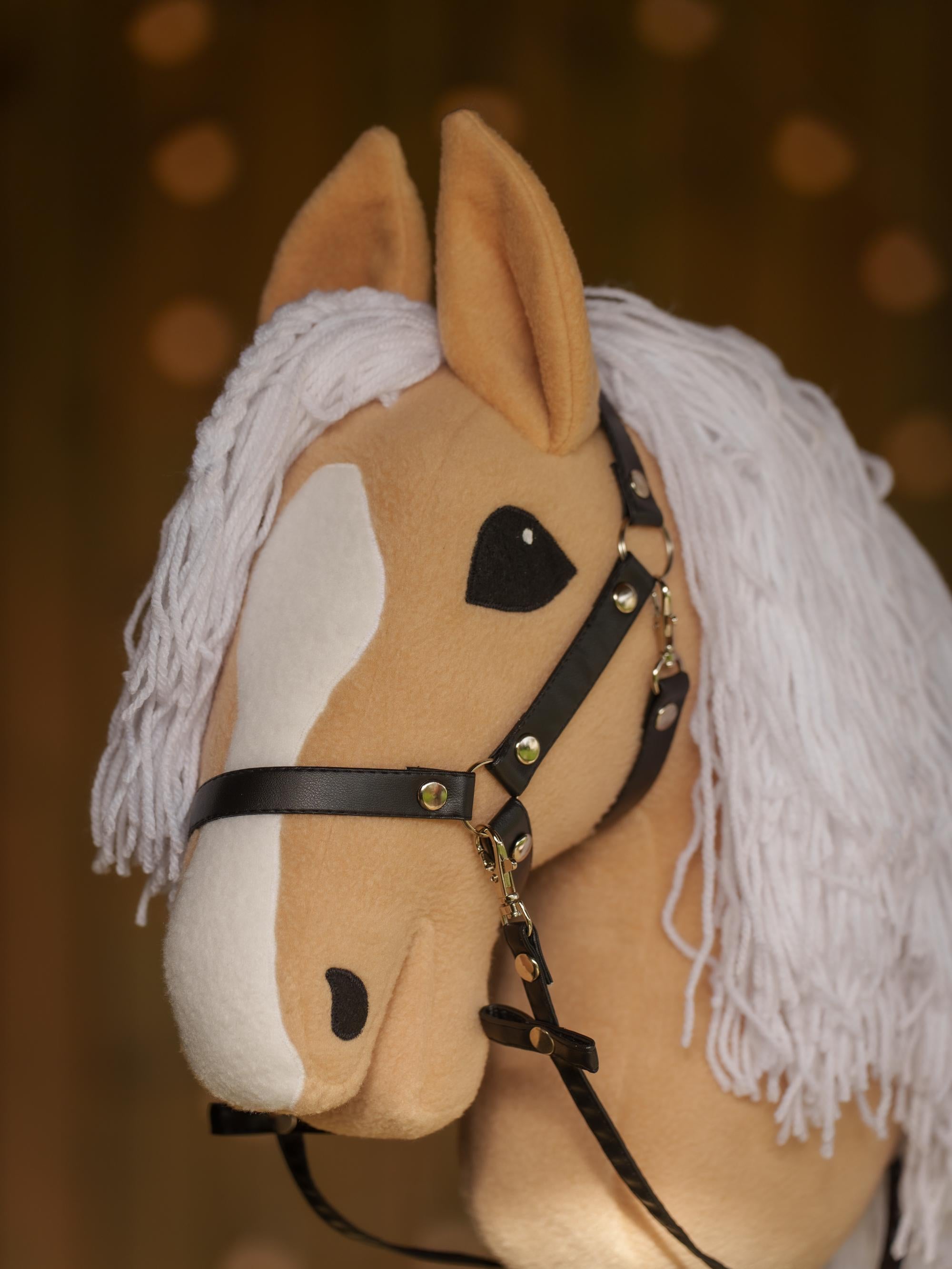Palomino Hobby Horse with White Mane – Handmade A3 Stick Horse Toy for Kids – Includes Faux Leather Halter