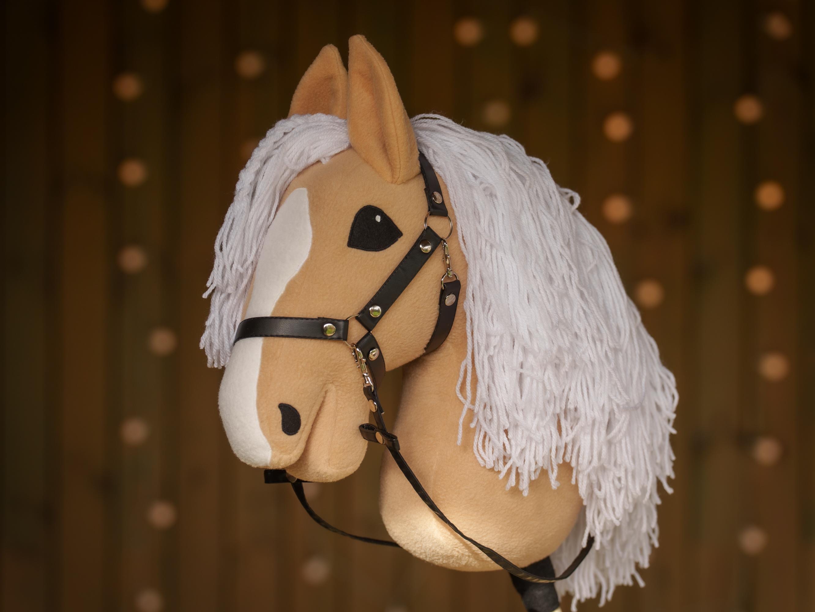 Palomino Hobby Horse with White Mane – Handmade A3 Stick Horse Toy for Kids – Includes Faux Leather Halter