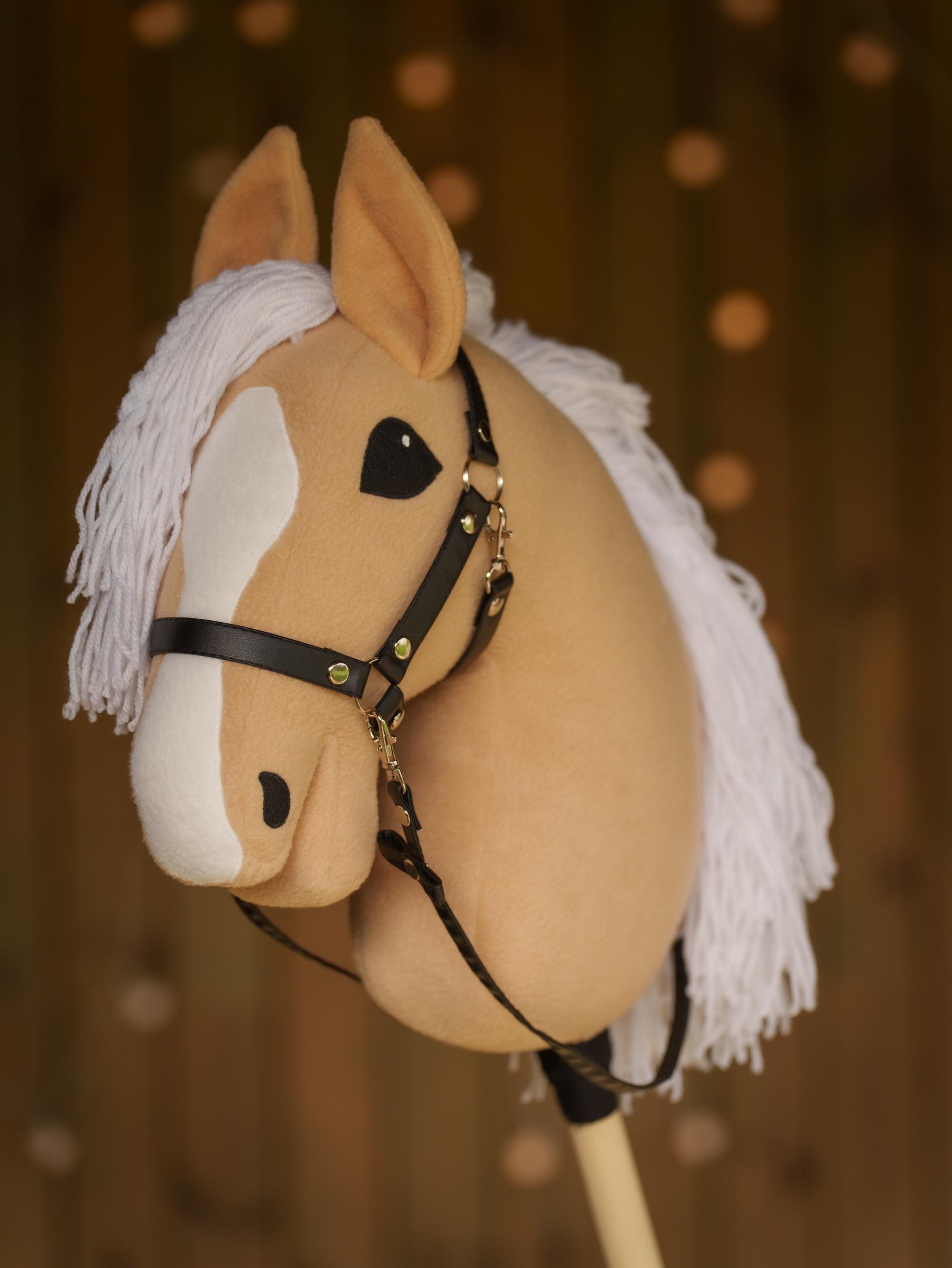 Palomino Hobby Horse with White Mane – Handmade A3 Stick Horse Toy for Kids – Includes Faux Leather Halter