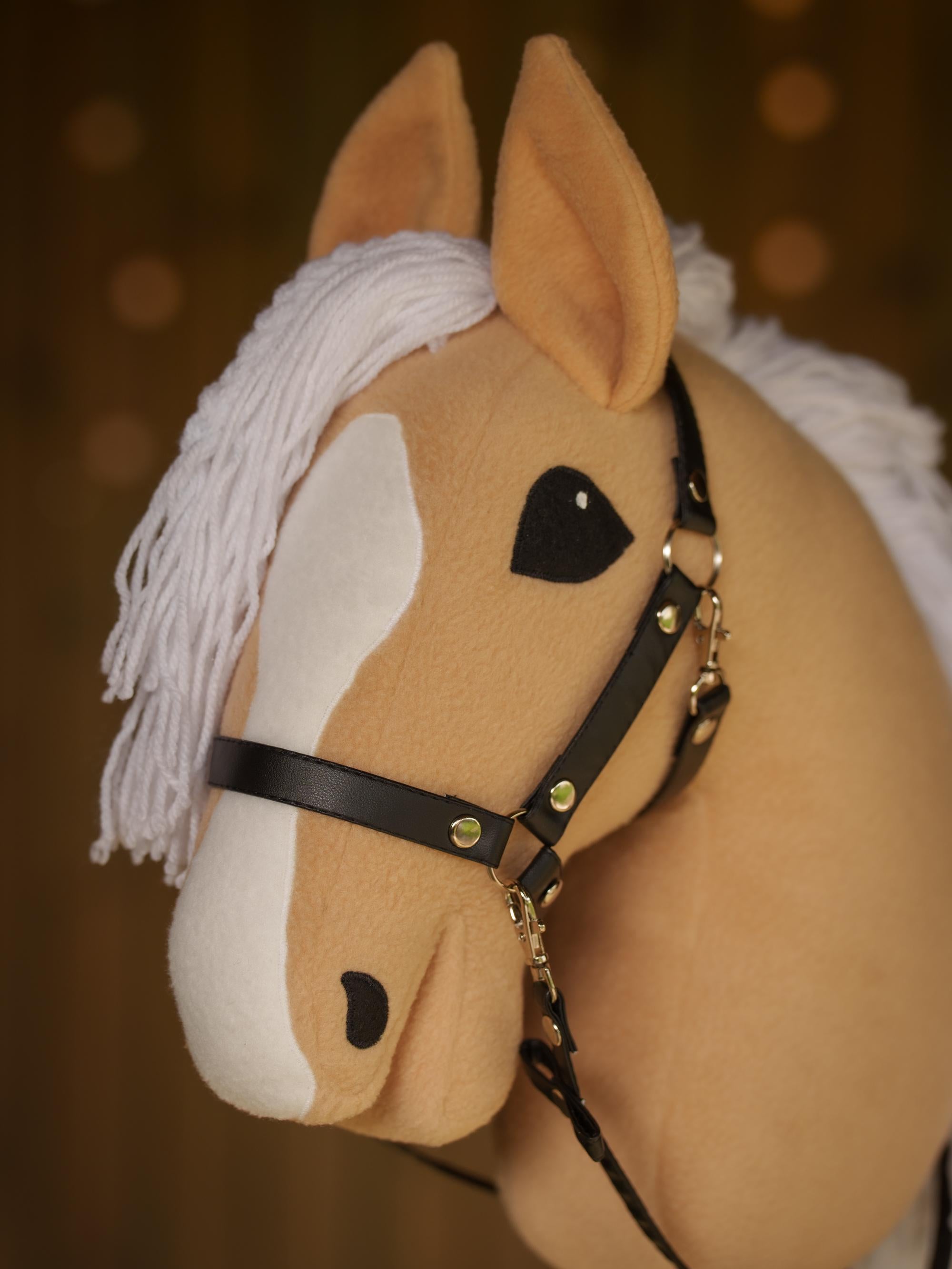 Palomino Hobby Horse with White Mane – Handmade A3 Stick Horse Toy for Kids – Includes Faux Leather Halter