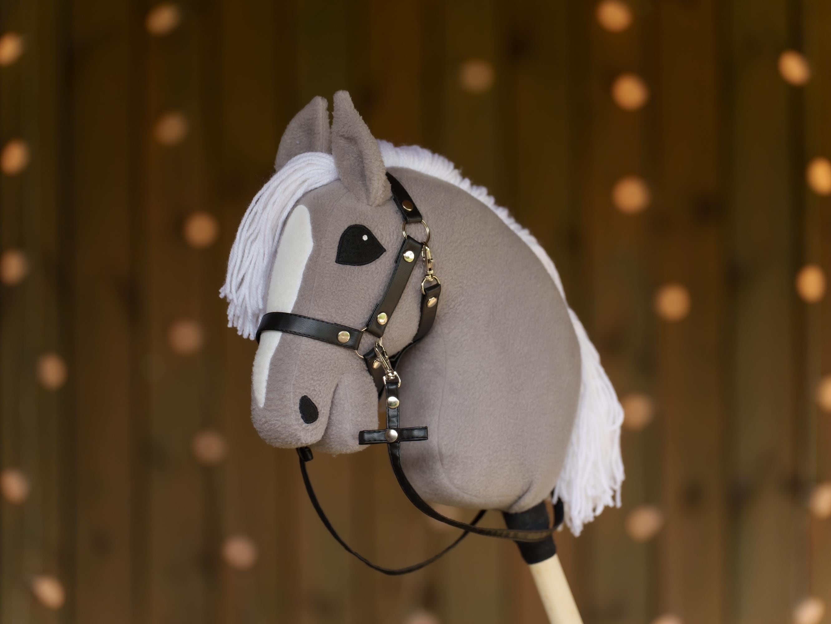Grey Hobby Horse with White Mane – Handmade A3 Stick Horse Toy for Kids – Includes Faux Leather Halter