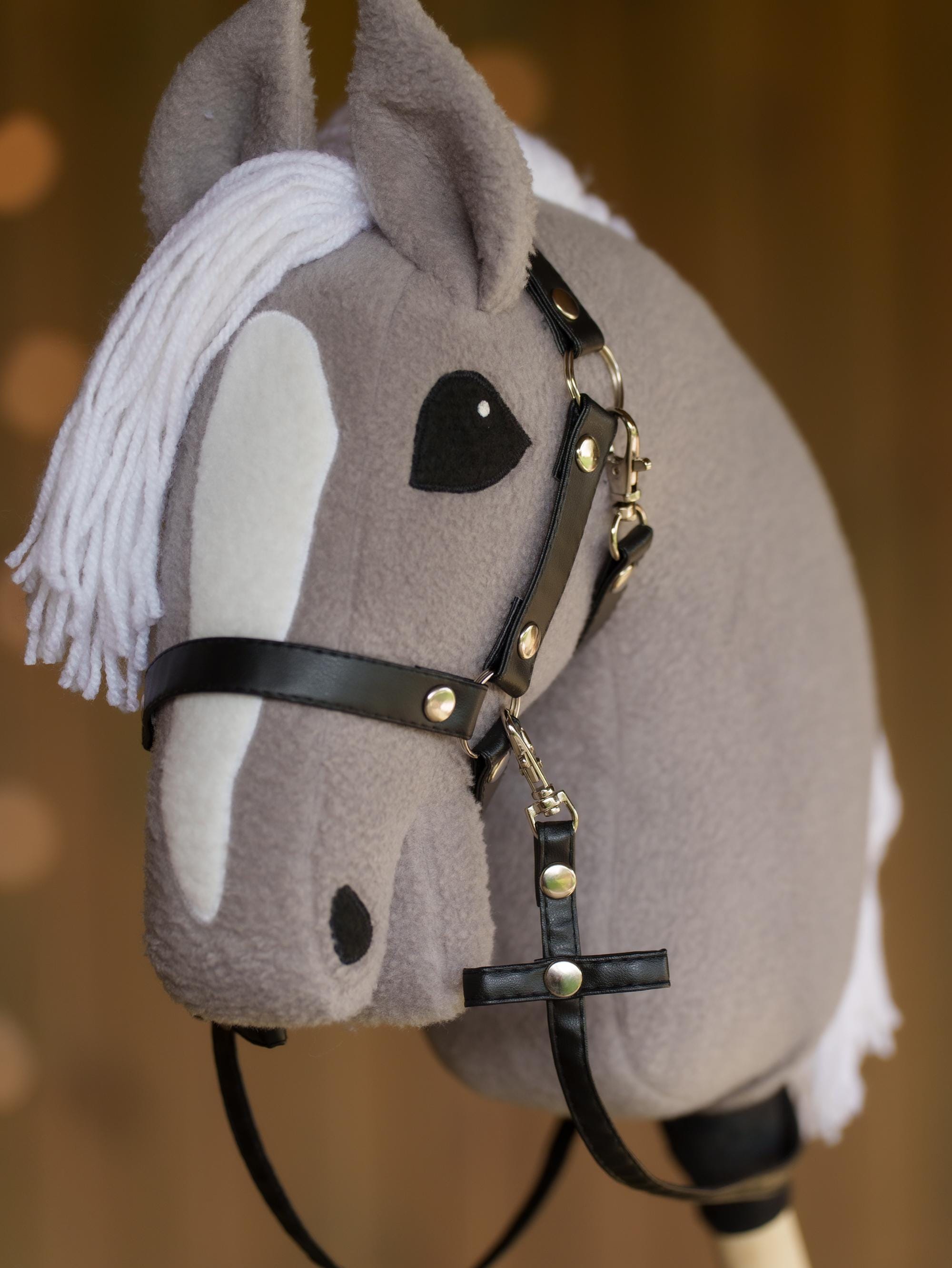 Grey Hobby Horse with White Mane – Handmade A3 Stick Horse Toy for Kids – Includes Faux Leather Halter