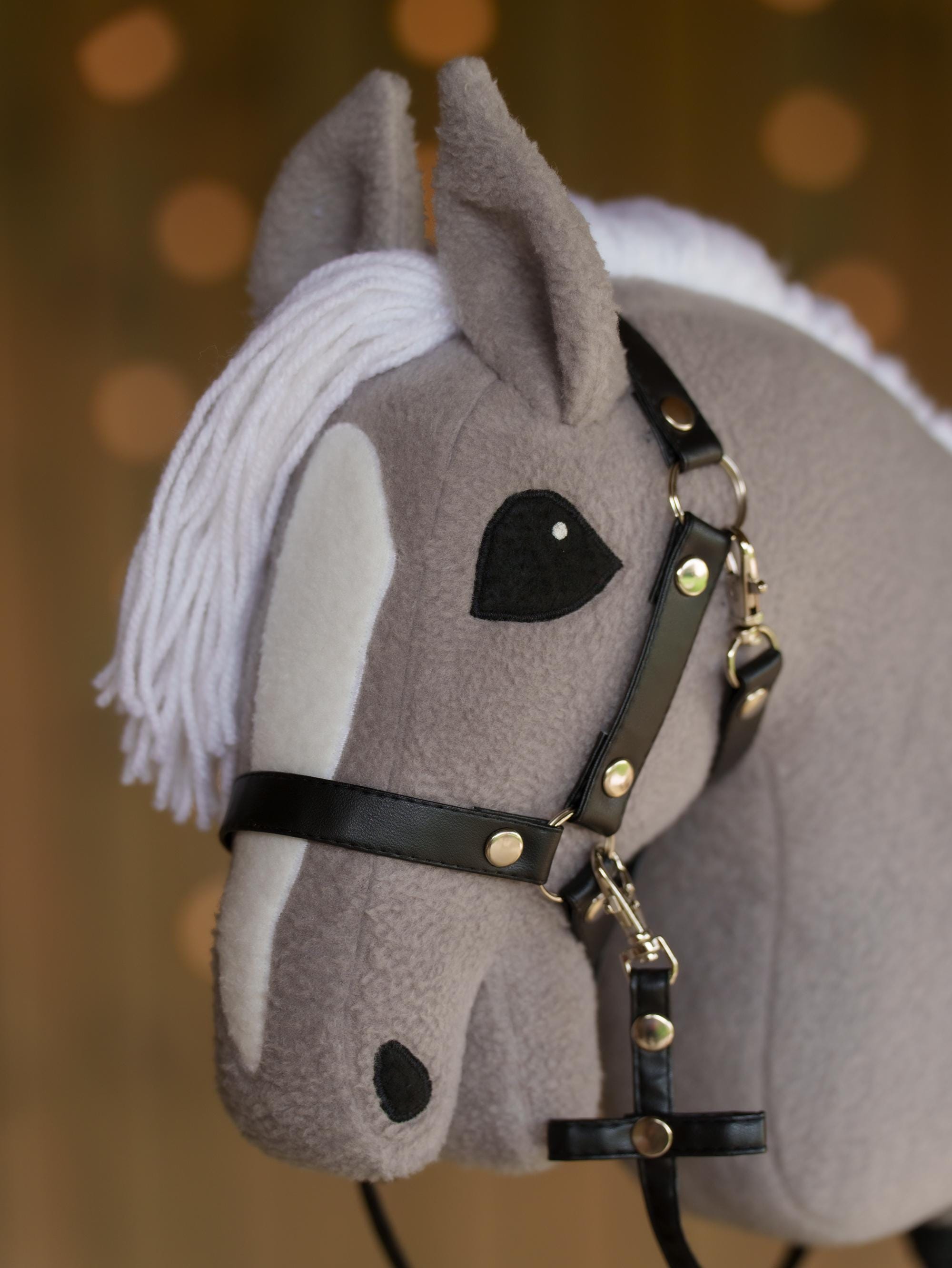 Grey Hobby Horse with White Mane – Handmade A3 Stick Horse Toy for Kids – Includes Faux Leather Halter
