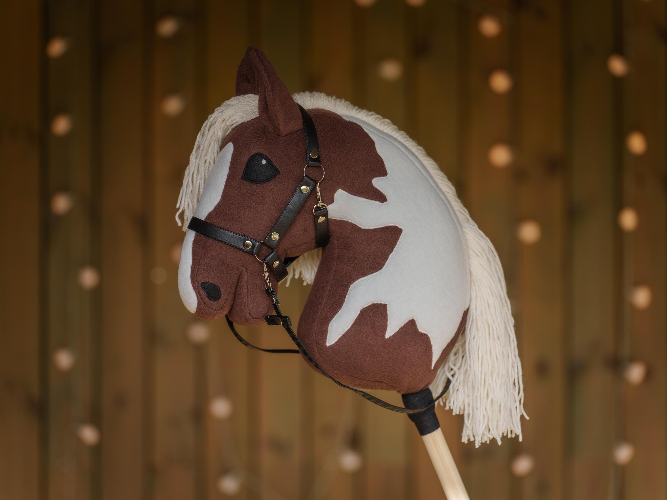 Brown Pinto Hobby Horse – Paint Hobbyhorse with Faux Leather Halter – Handmade A3 Size Stick Horse