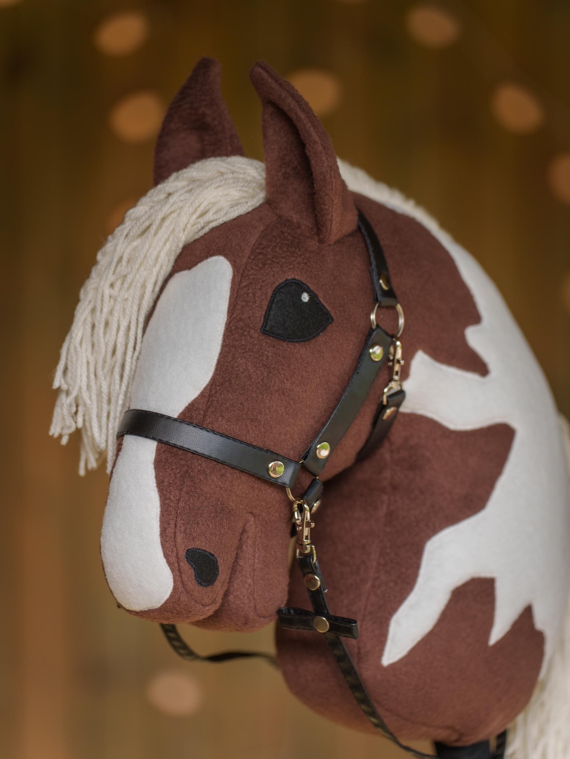 Brown Pinto Hobby Horse – Paint Hobbyhorse with Faux Leather Halter – Handmade A3 Size Stick Horse