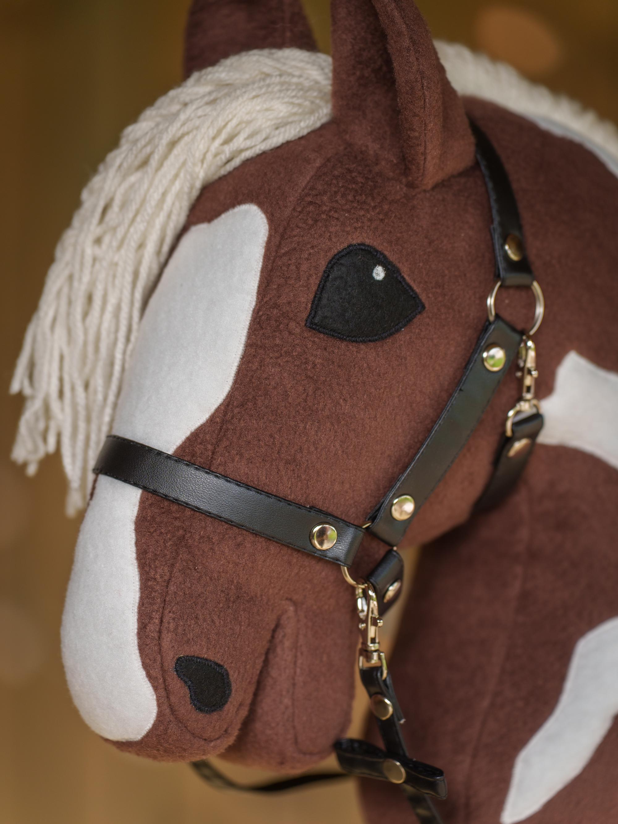 Brown Pinto Hobby Horse – Paint Hobbyhorse with Faux Leather Halter – Handmade A3 Size Stick Horse